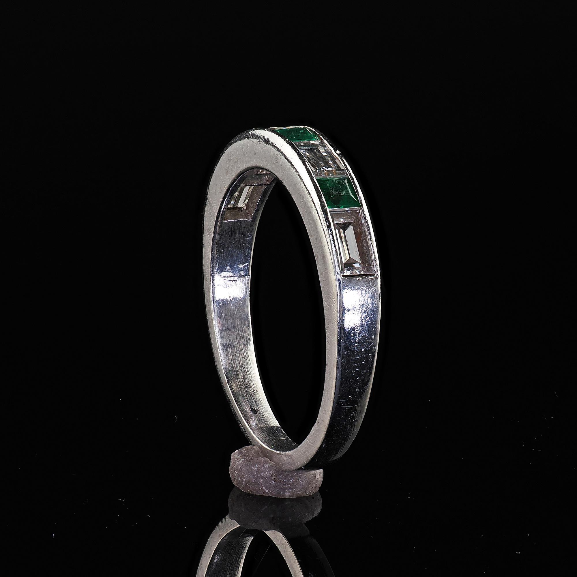 Antique Art Deco Platinum Diamond Baguette and Emerald Wedding Band - Size 3 3/4 4