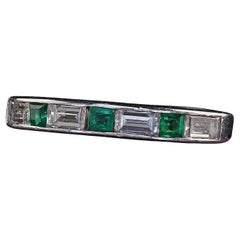 Antique Art Deco Platinum Diamond Baguette and Emerald Wedding Band - Size 3 3/4