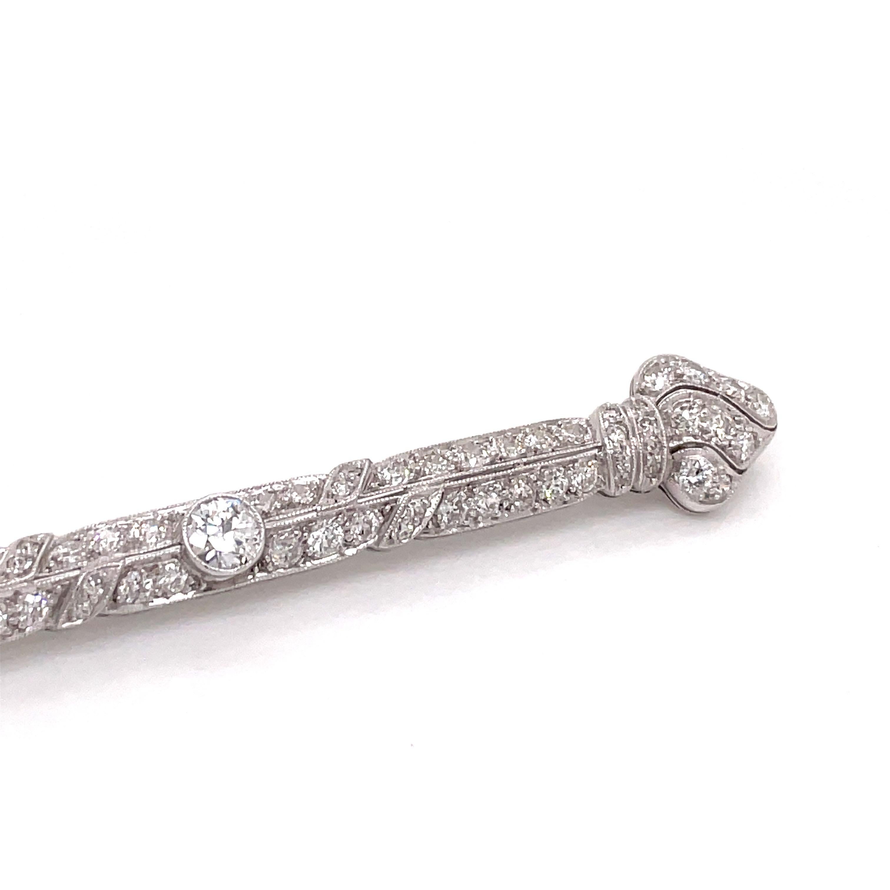 Antique Art Deco Platinum Diamond Bar Pin with Finials 2ct In Good Condition For Sale In Boston, MA
