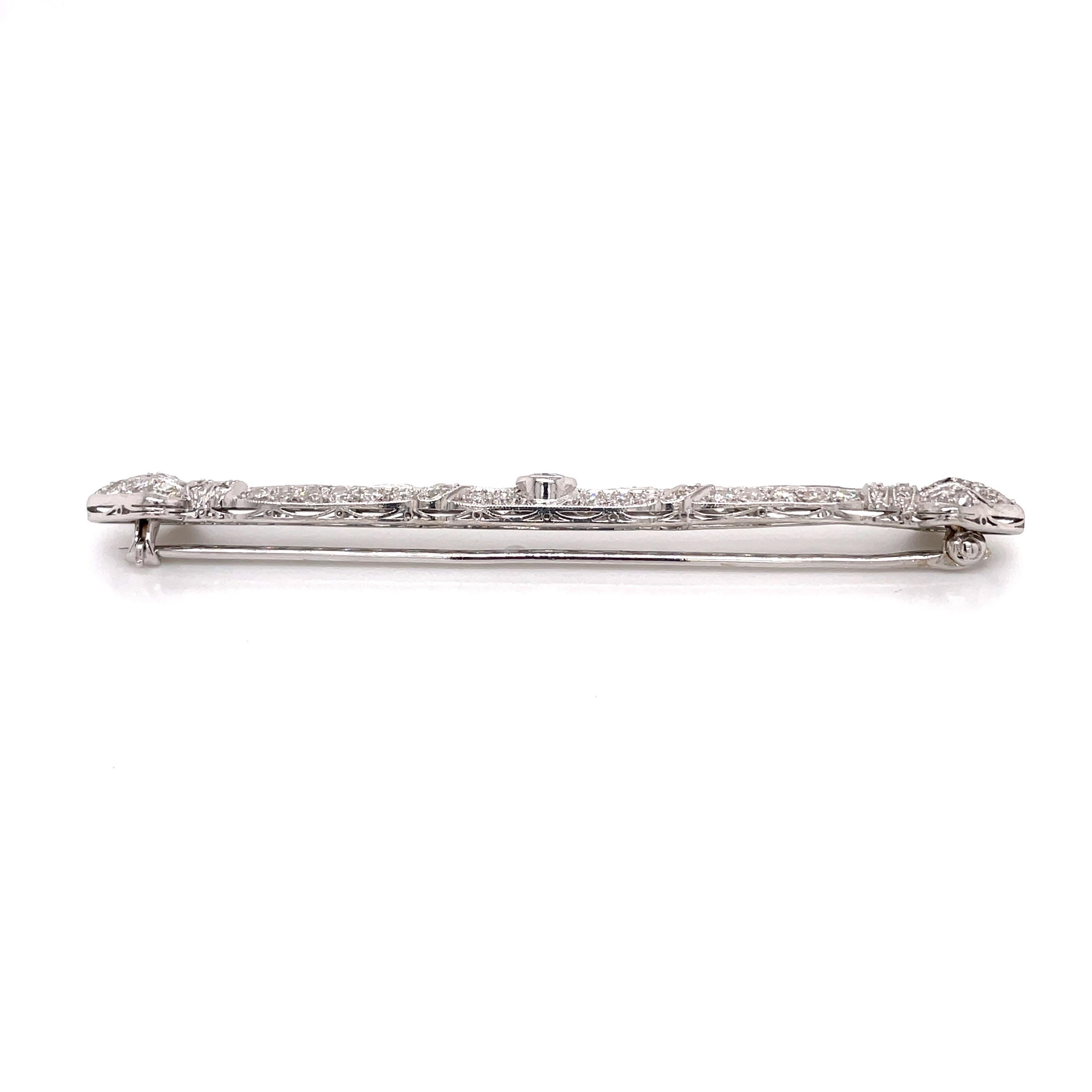 Antique Art Deco Platinum Diamond Bar Pin with Finials 2ct For Sale 1