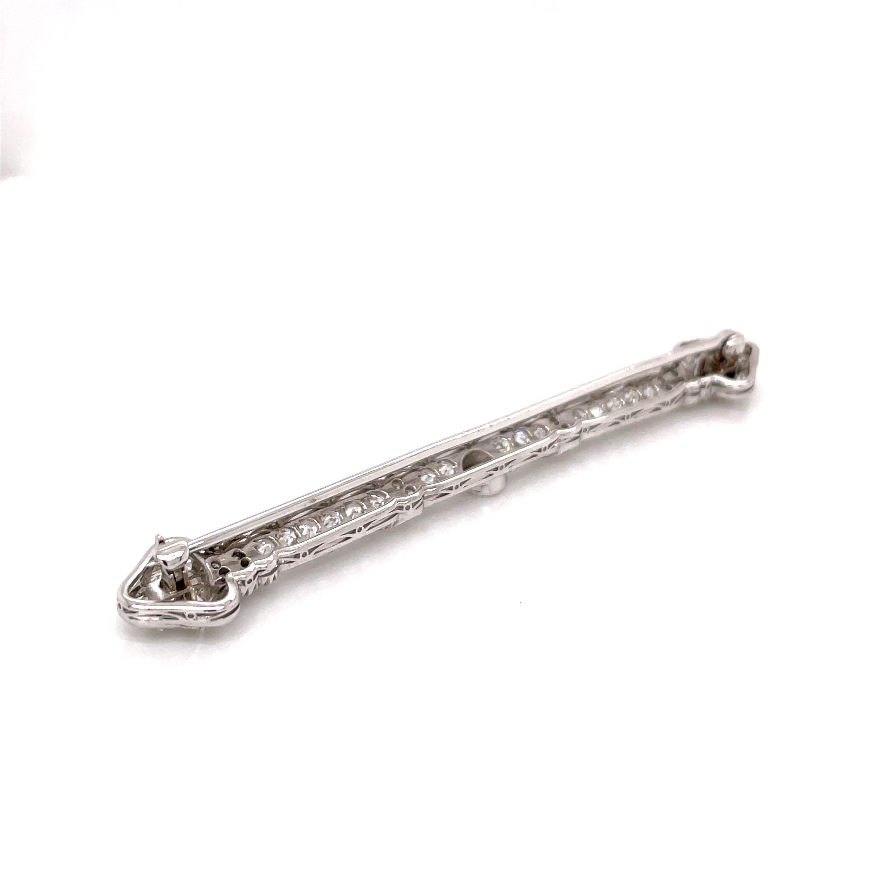 Antique Art Deco Platinum Diamond Bar Pin with Finials 2ct For Sale 2