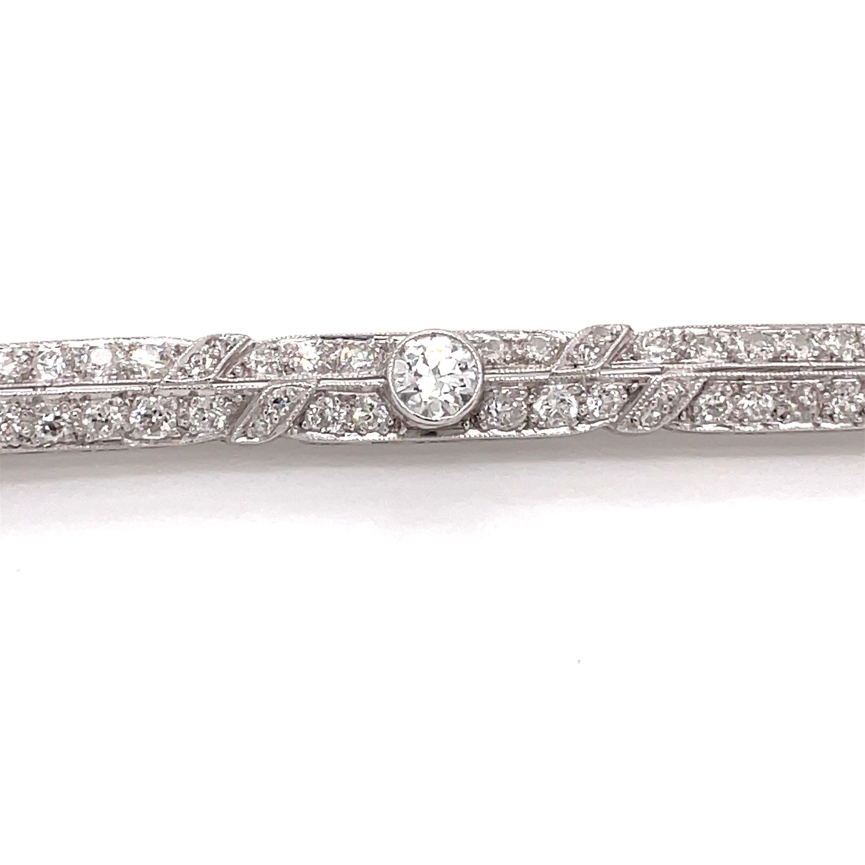 Antique Art Deco Platinum Diamond Bar Pin with Finials 2ct For Sale 3