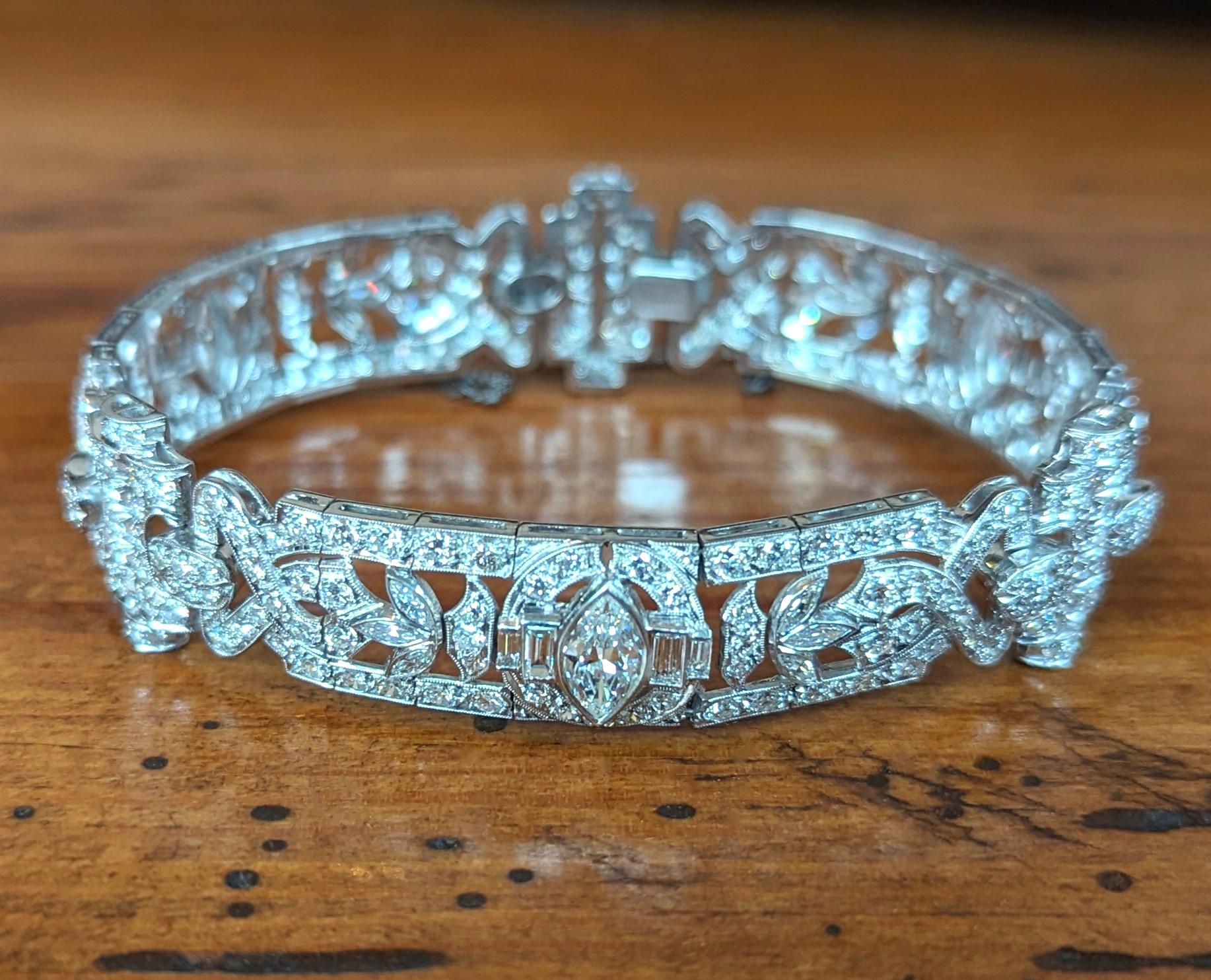 Antique Art Deco Platinum Diamond Bracelet Vintage Estate Jewelry Marquis Cut In Good Condition For Sale In Greer, SC