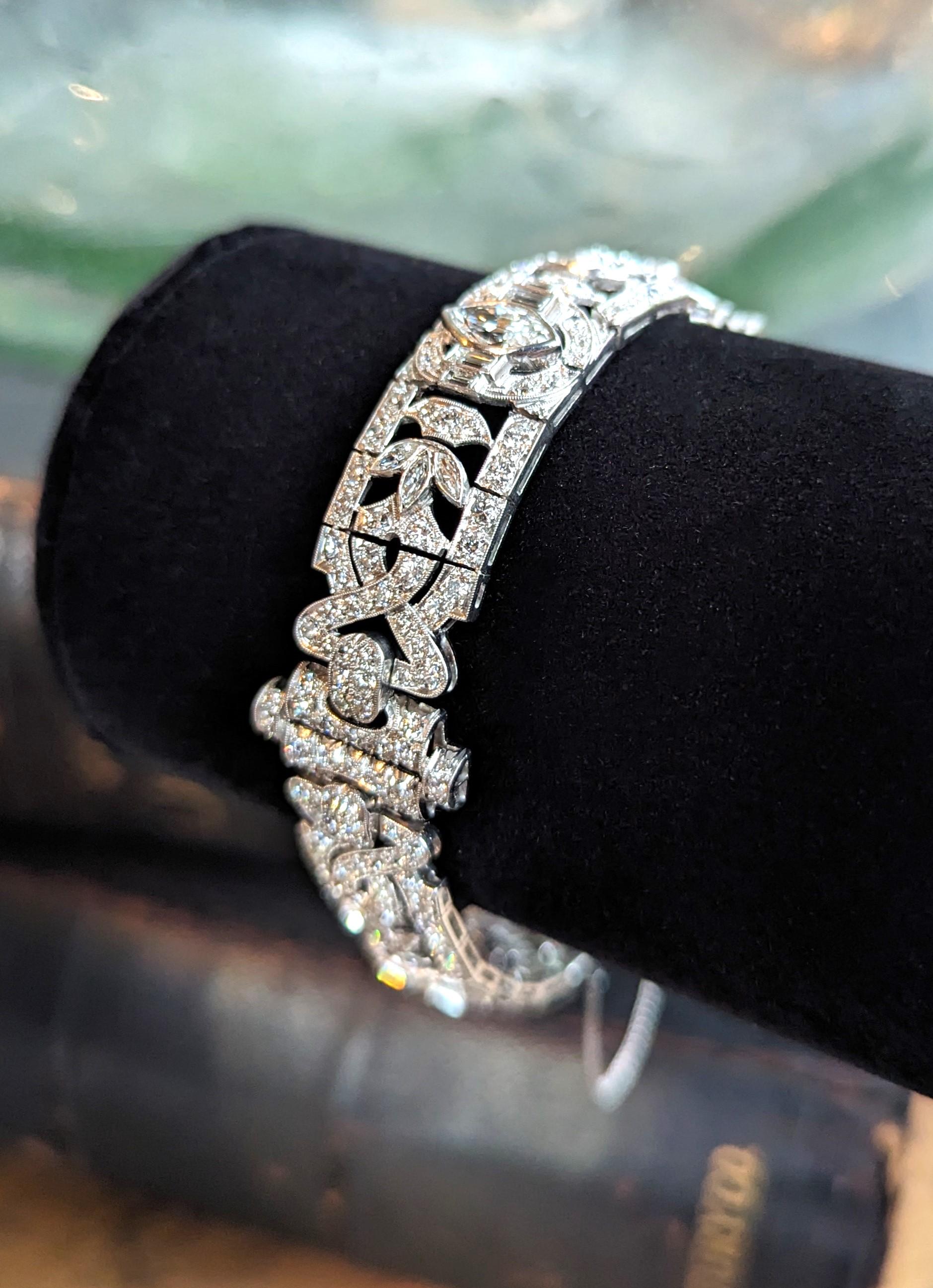 Antique Art Deco Platinum Diamond Bracelet Vintage Estate Jewelry Marquis Cut For Sale 2