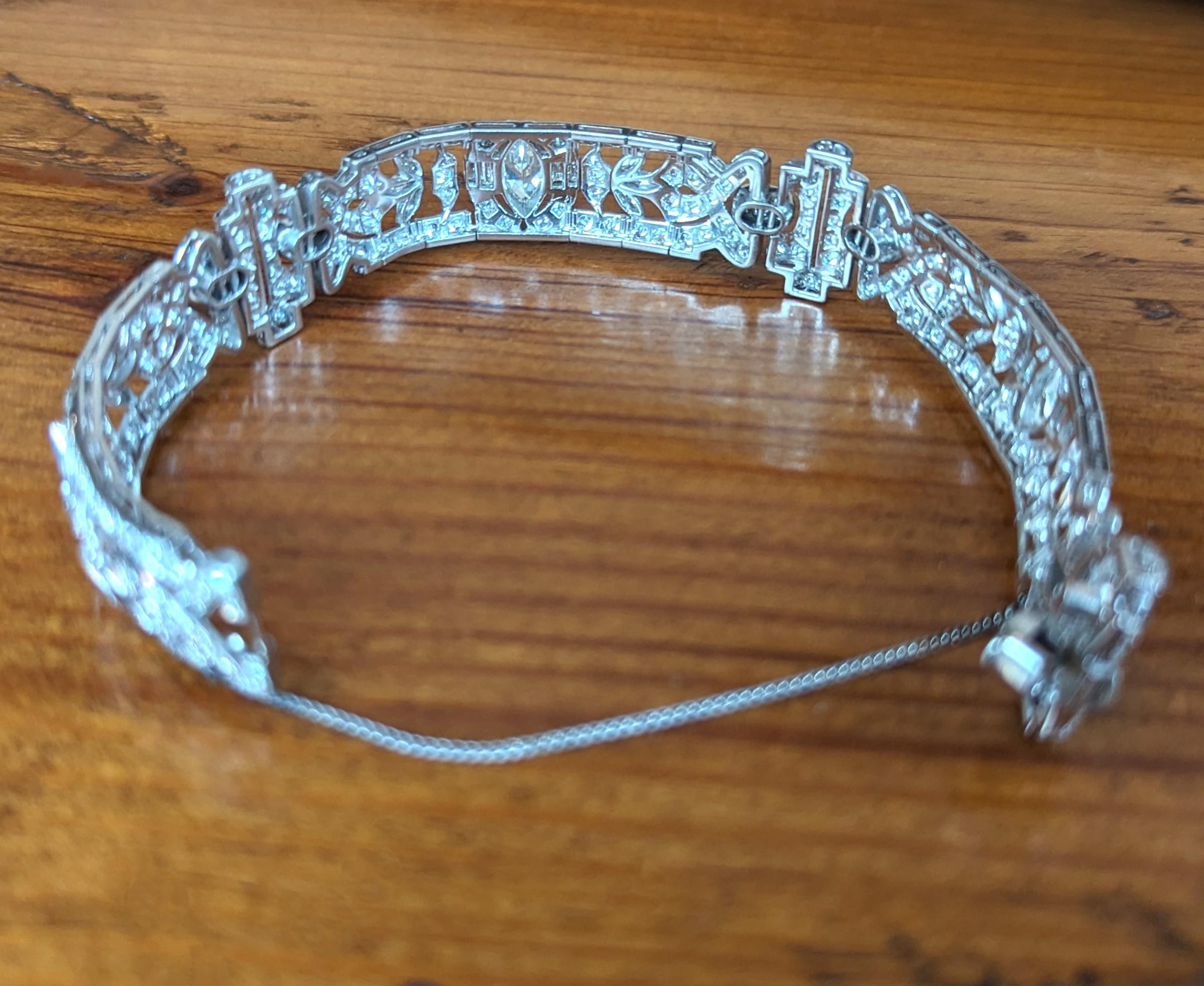 Antique Art Deco Platinum Diamond Bracelet Vintage Estate Jewelry Marquis Cut For Sale 4