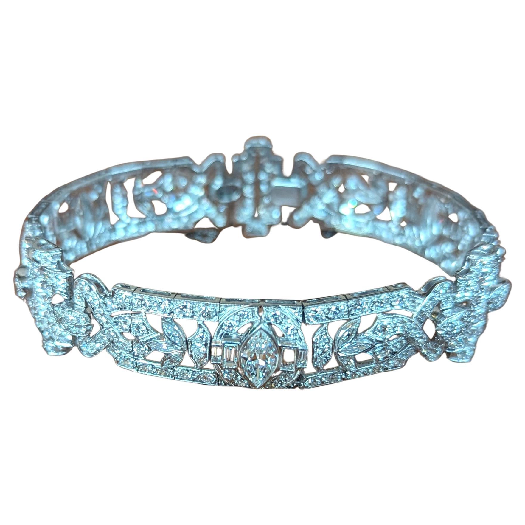 Antique Art Deco Platinum Diamond Bracelet Vintage Estate Jewelry Marquis Cut For Sale