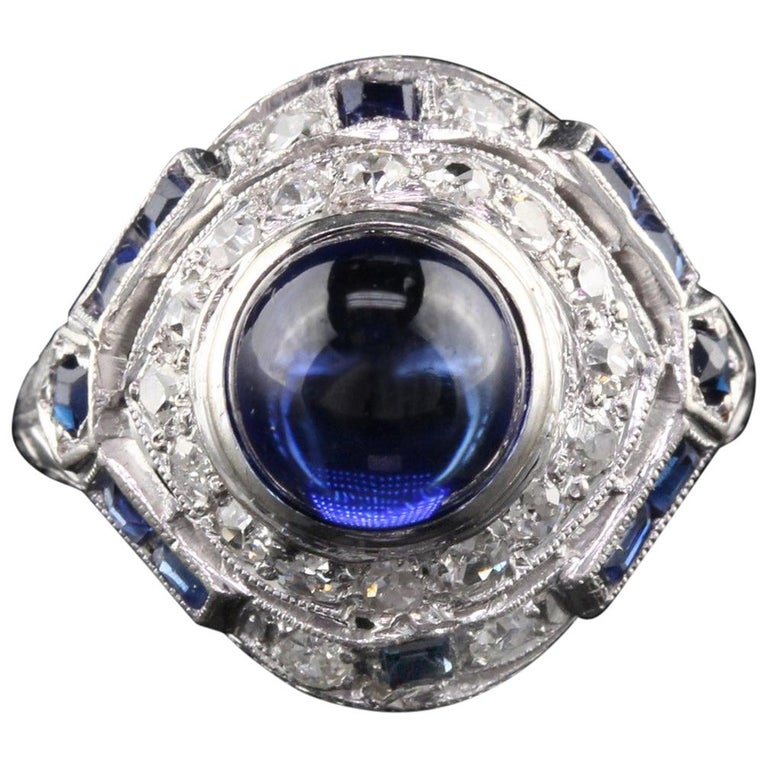 Antique Art Deco Platinum Diamond and Cabochon Sapphire Cocktail Ring