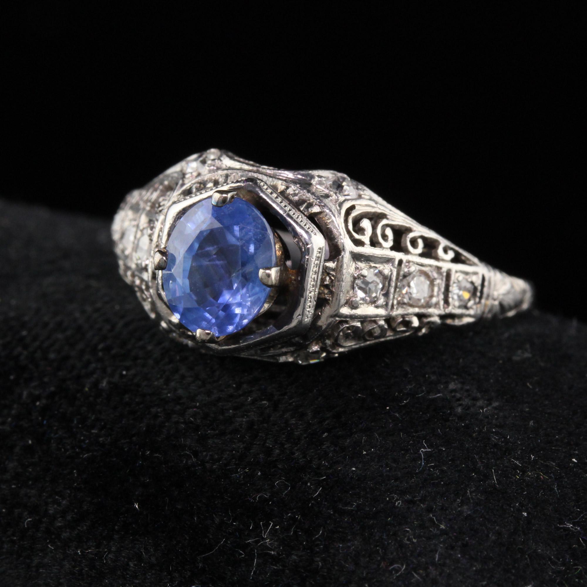 Unique Art Deco Platinum Diamond Engagement ring with an oval ceylon sapphire center.

#R0187

Metal: Platinum

Weight: 3.9 Grams

Sapphire Measurements: 6.9 x 5.7 mm

Total Diamond Weight: Approximately 0.20 cts single cut diamonds

Ring Size: 6.5