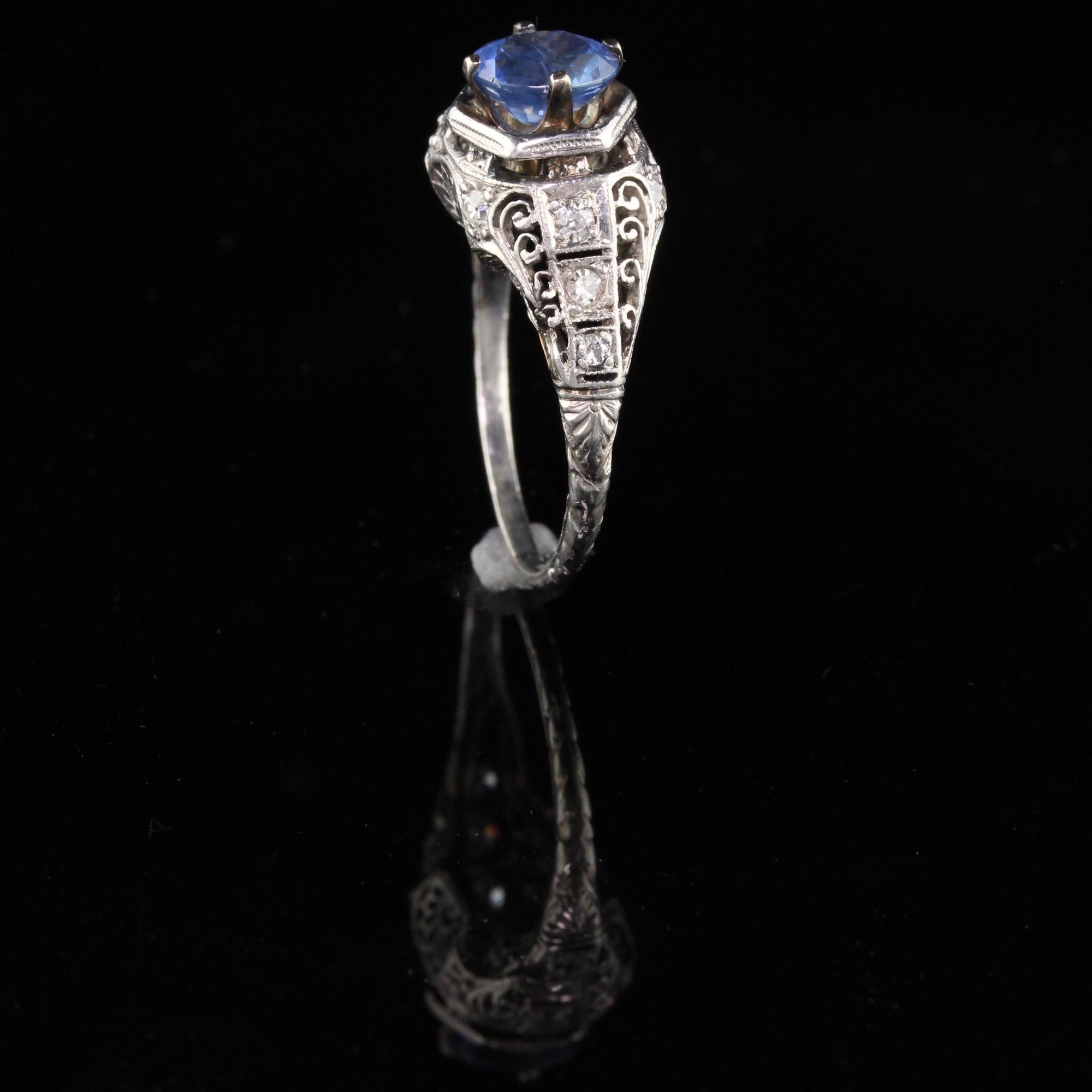 Antique Art Deco Platinum Diamond and Ceylon Sapphire Engagement Ring In Good Condition In Great Neck, NY