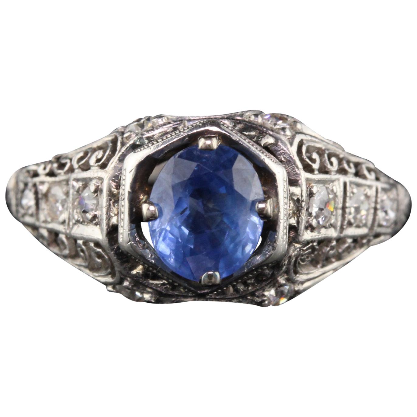 Antique Art Deco Platinum Diamond and Ceylon Sapphire Engagement Ring