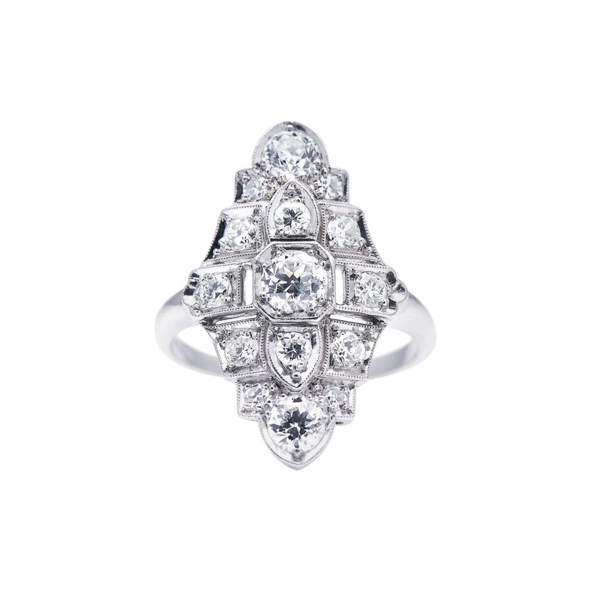 Antique, Art Deco, Platinum, Diamond Cluster Ring For Sale