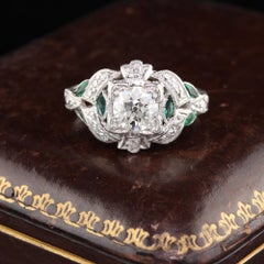 Antique Art Deco Platinum Diamond and Emerald Engagement Ring