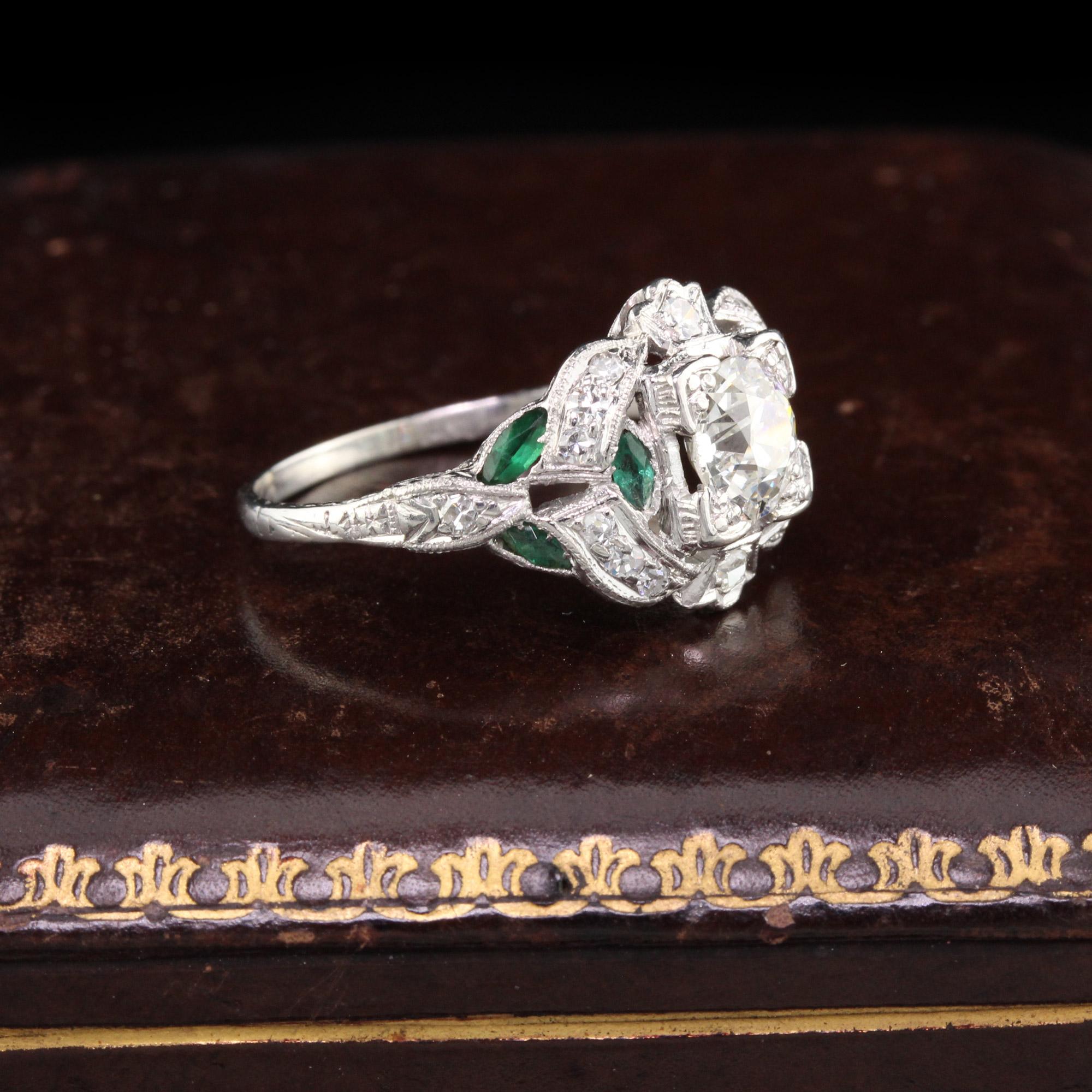 Old European Cut Antique Art Deco Platinum Diamond and Emerald Engagement Ring