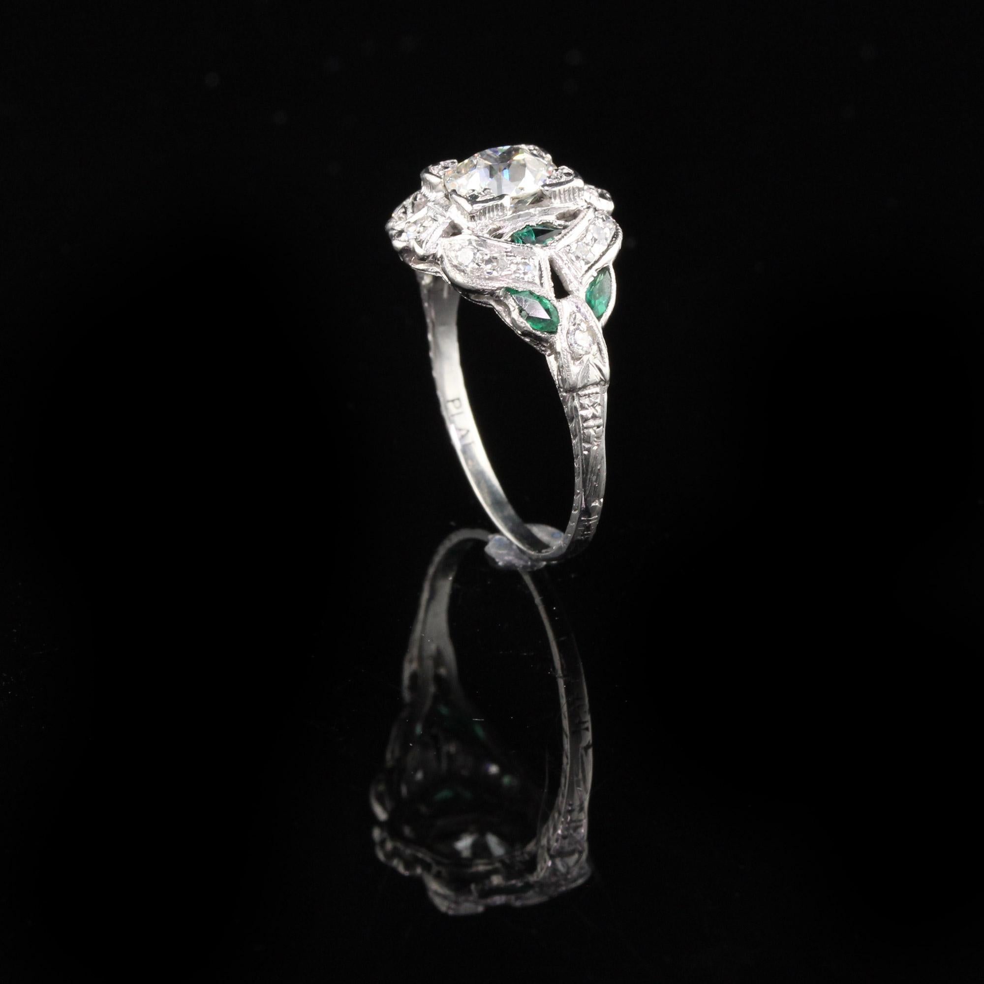 Antique Art Deco Platinum Diamond and Emerald Engagement Ring In Good Condition In Great Neck, NY