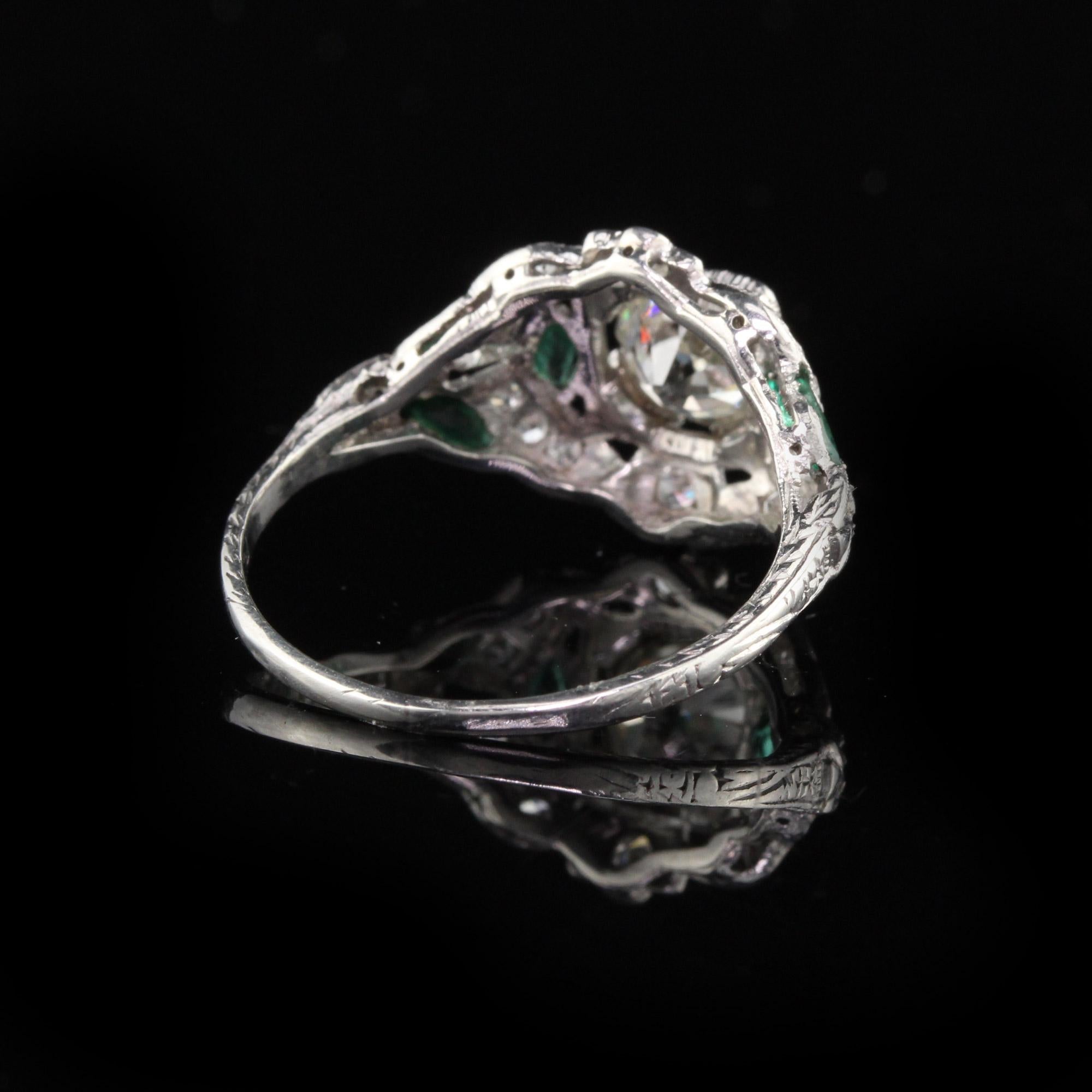 Women's or Men's Antique Art Deco Platinum Diamond and Emerald Engagement Ring