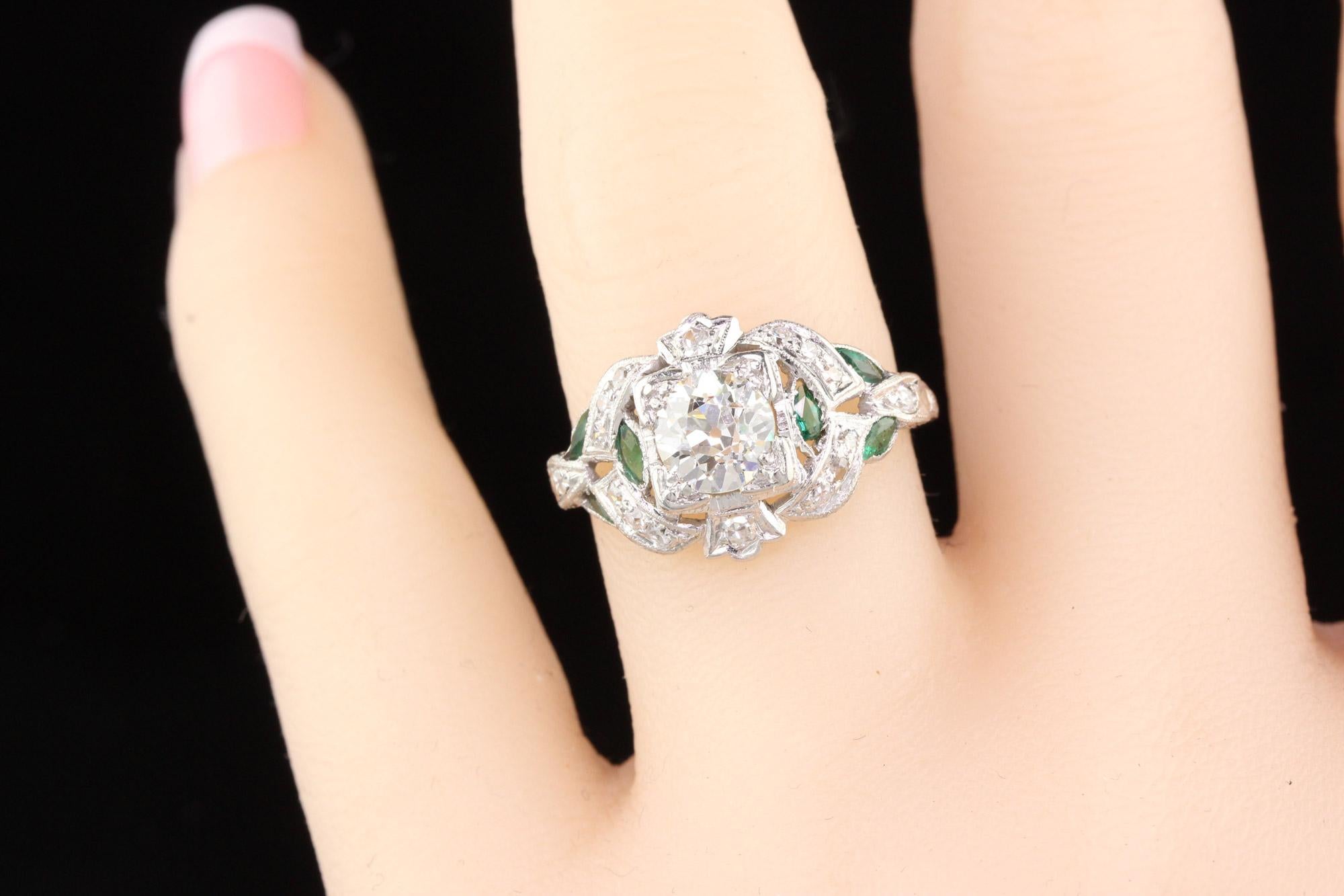 Antique Art Deco Platinum Diamond and Emerald Engagement Ring 1