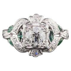 Antique Art Deco Platinum Diamond and Emerald Engagement Ring