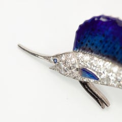 Antike Art-Déco-Brosche aus Platin mit Diamanten und Emaille in Form eines Segelfischs (Marlin)