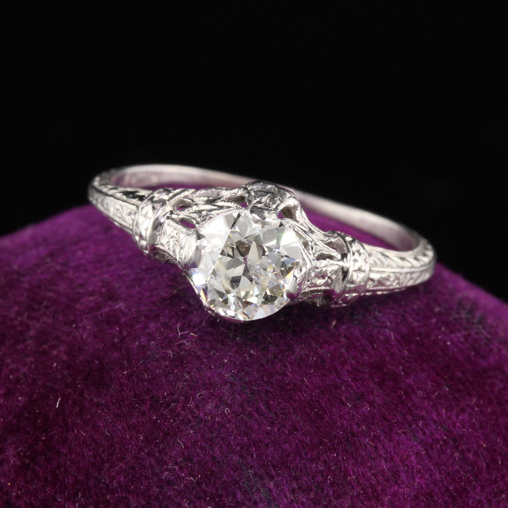 Gorgeous Art Deco Engagement Ring in platinum with an old european cut diamond in the center.

#R0183

Metal: Platinum

Weight: 2.6 Grams

Center Diamond Weight: Approximately 0.75 CTS

Center Diamond Color: K

Center Diamond Clarity: VS2

Ring