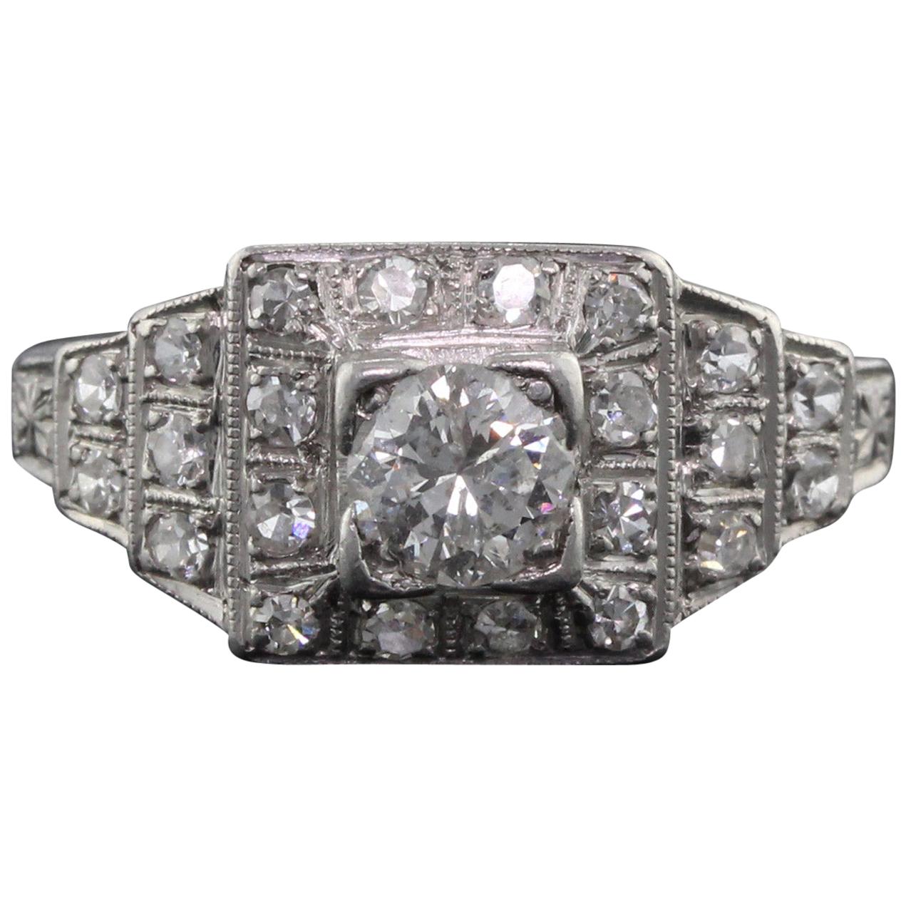 Antique Art Deco Platinum and Diamond Engagement Ring For Sale