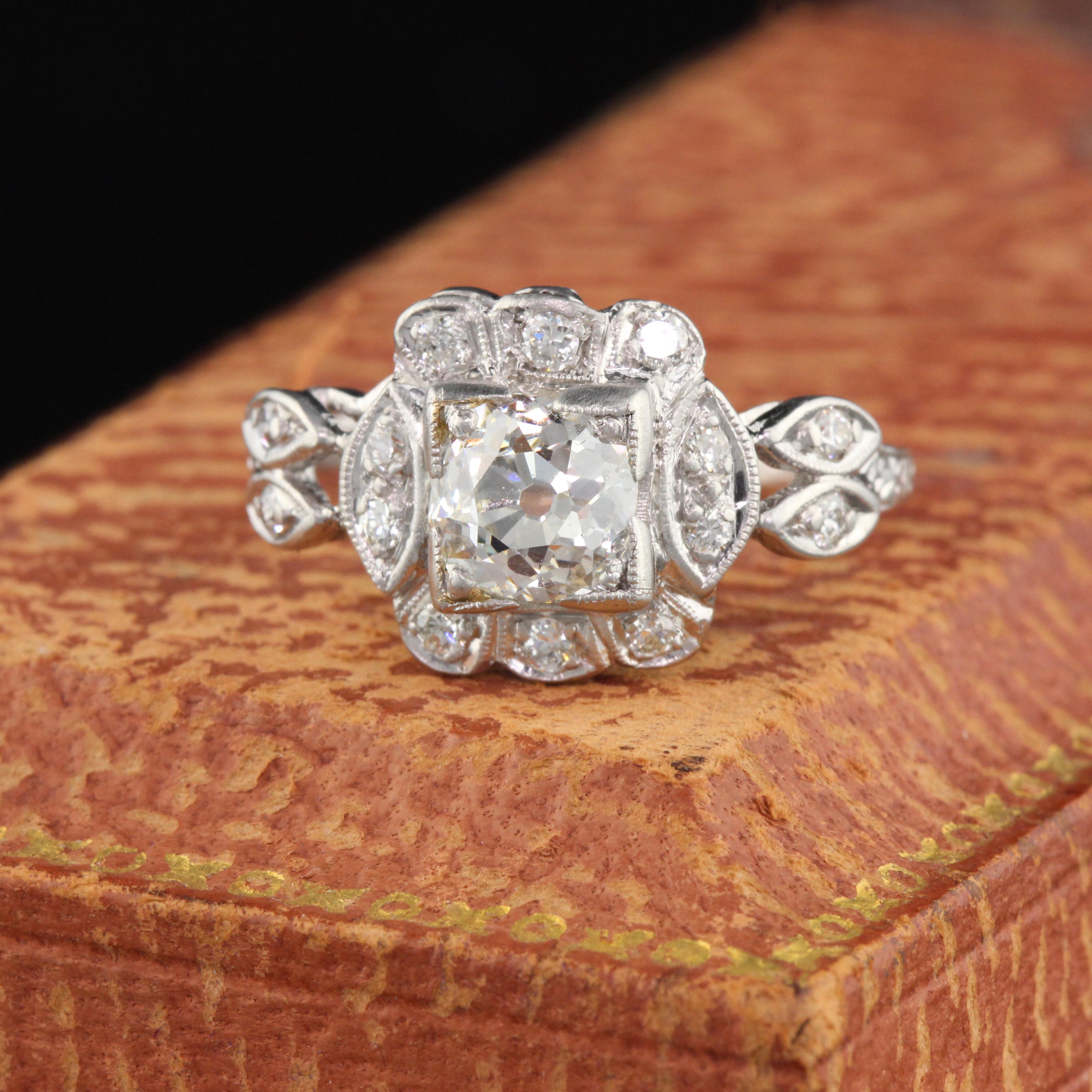 Beautiful Art Deco engagement ring with a 1.11 ct GIA certified Old Mine Brilliant Cut center diamond and a floral design. 

Item #R0021

Metal: Platinum

Weight: 4.1 Grams

Total Diamond Weight: Approximately 1.30 ctw

Center Diamond Weight: GIA