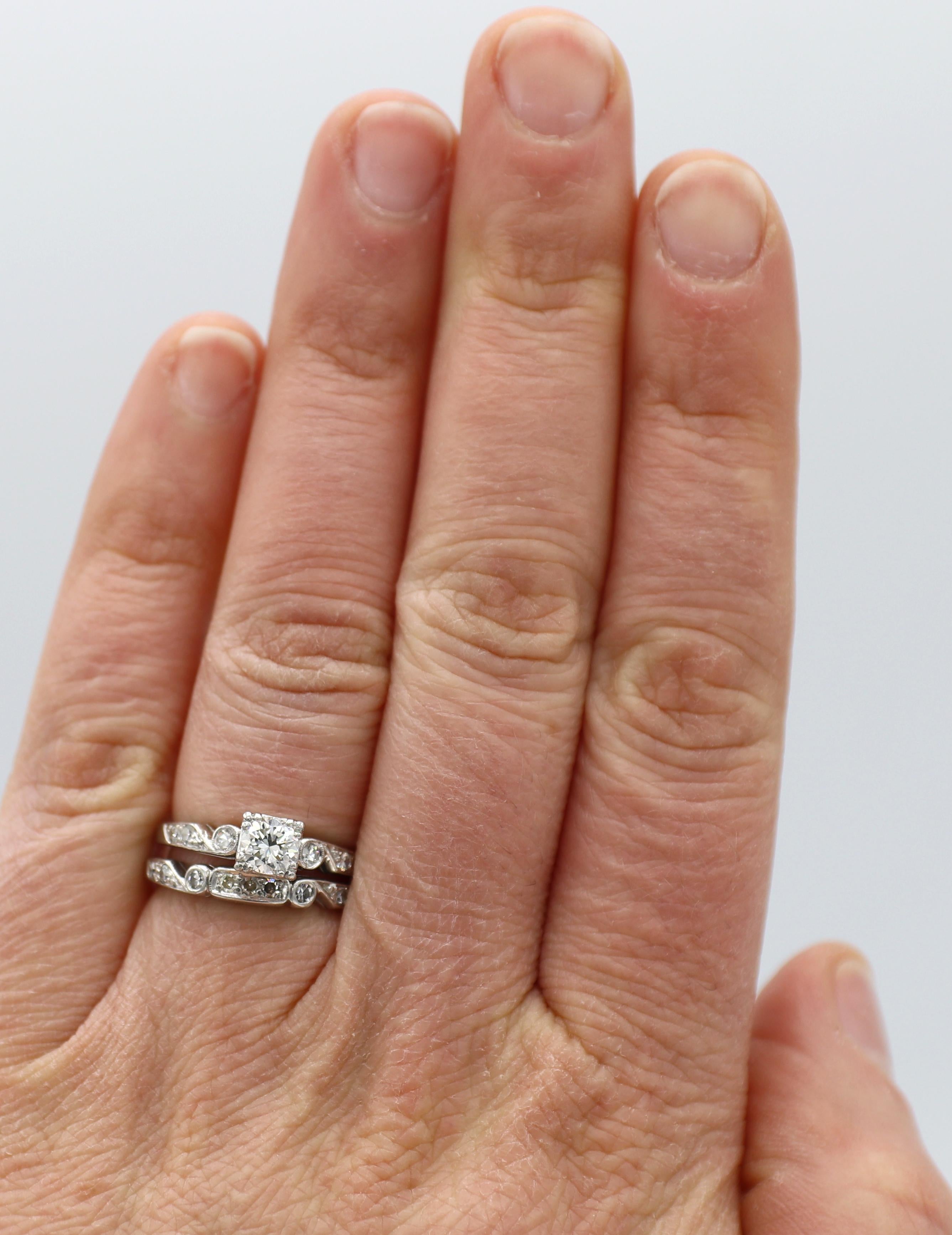 Round Cut Antique Art Deco Platinum Diamond Engagement Ring & Wedding Band Set 
