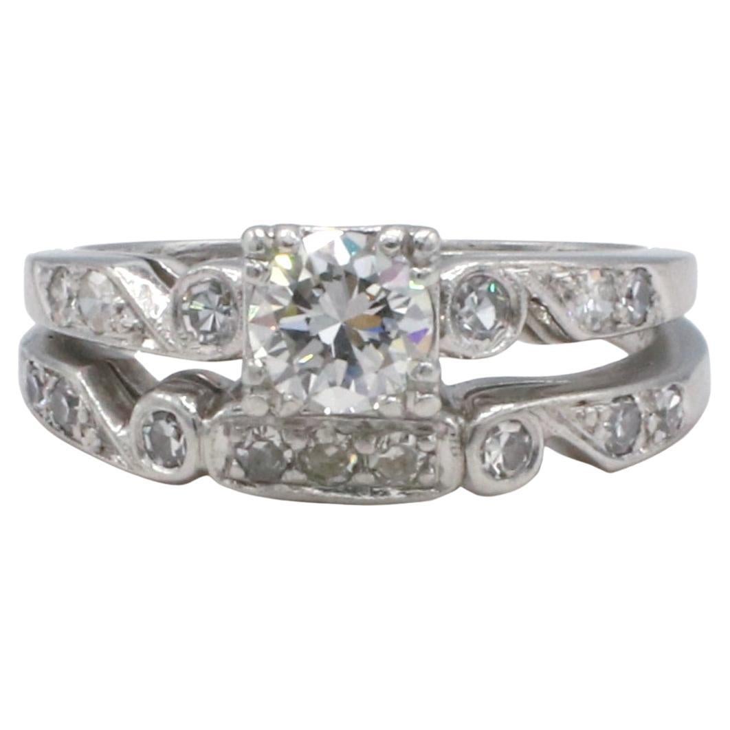 Antique Art Deco Platinum Diamond Engagement Ring & Wedding Band Set 