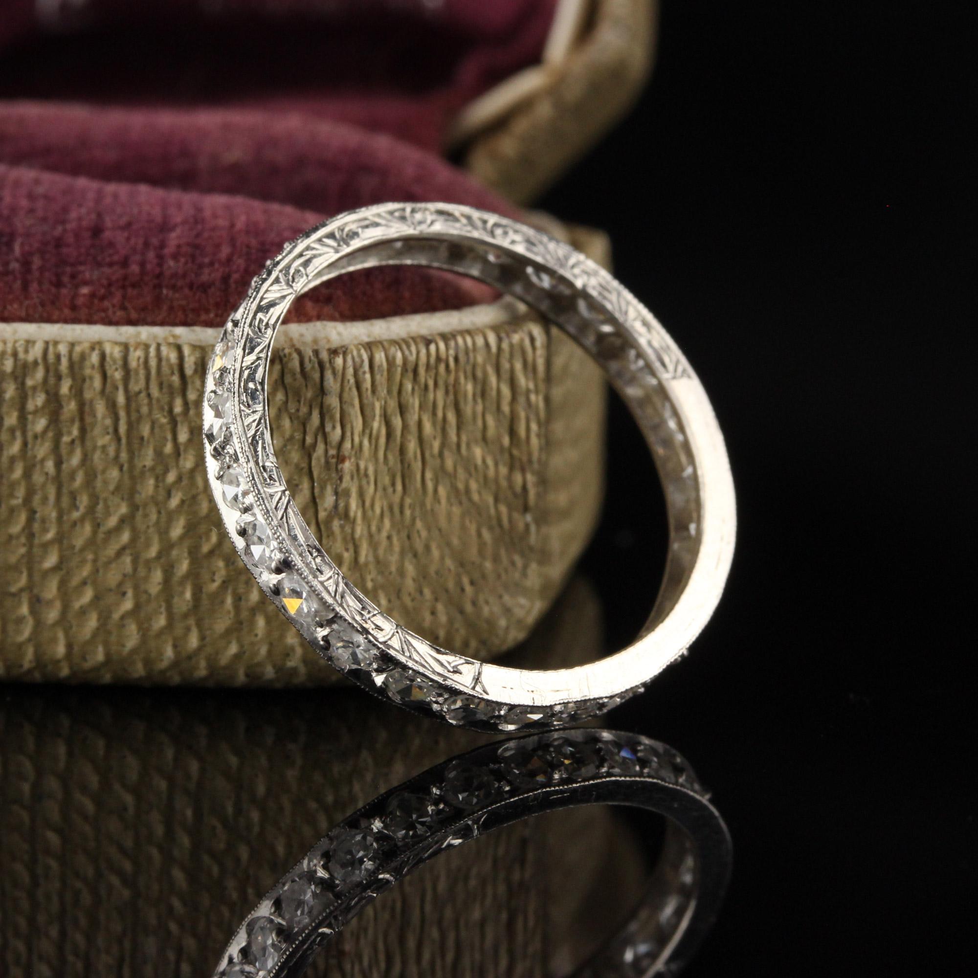 Stunning Art Deco platinum diamond band with old european cut diamonds.

Item #R0480

Metal: Platinum

Weight: 2.2 Grams

Total Diamond Weight: Approximately 1.20 CTS

Diamond Color: H

Diamond Clarity: VS2 - SI1

Ring Size: 8.5

*Unfortunately this