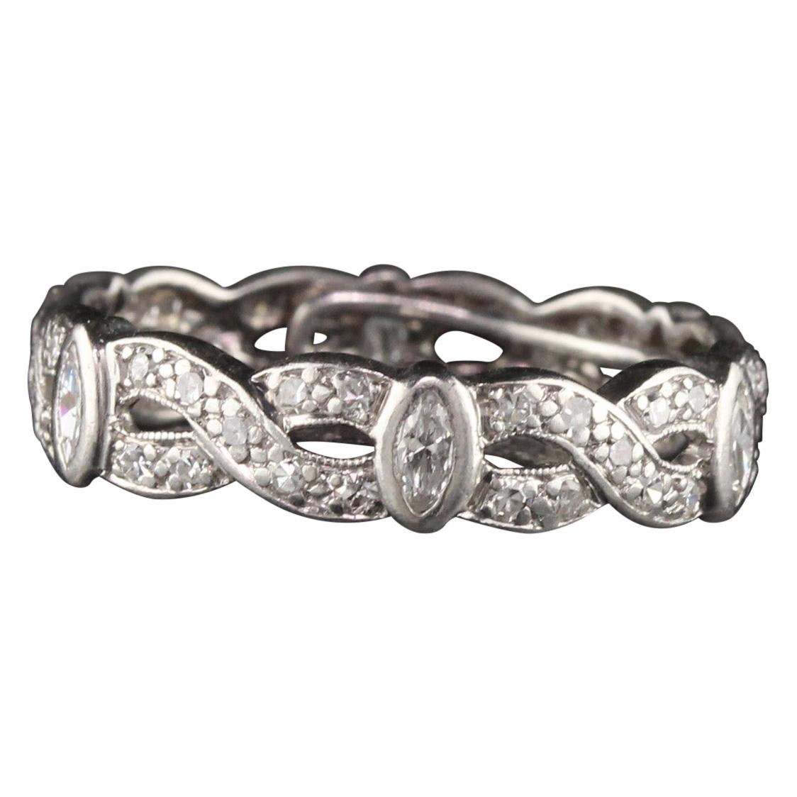 Antique Art Deco Platinum Diamond Marquise Single Cut Braid Eternity Band For Sale