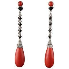 Antique Art Deco Platinum Diamond, Onyx, and Coral Drop Earrings