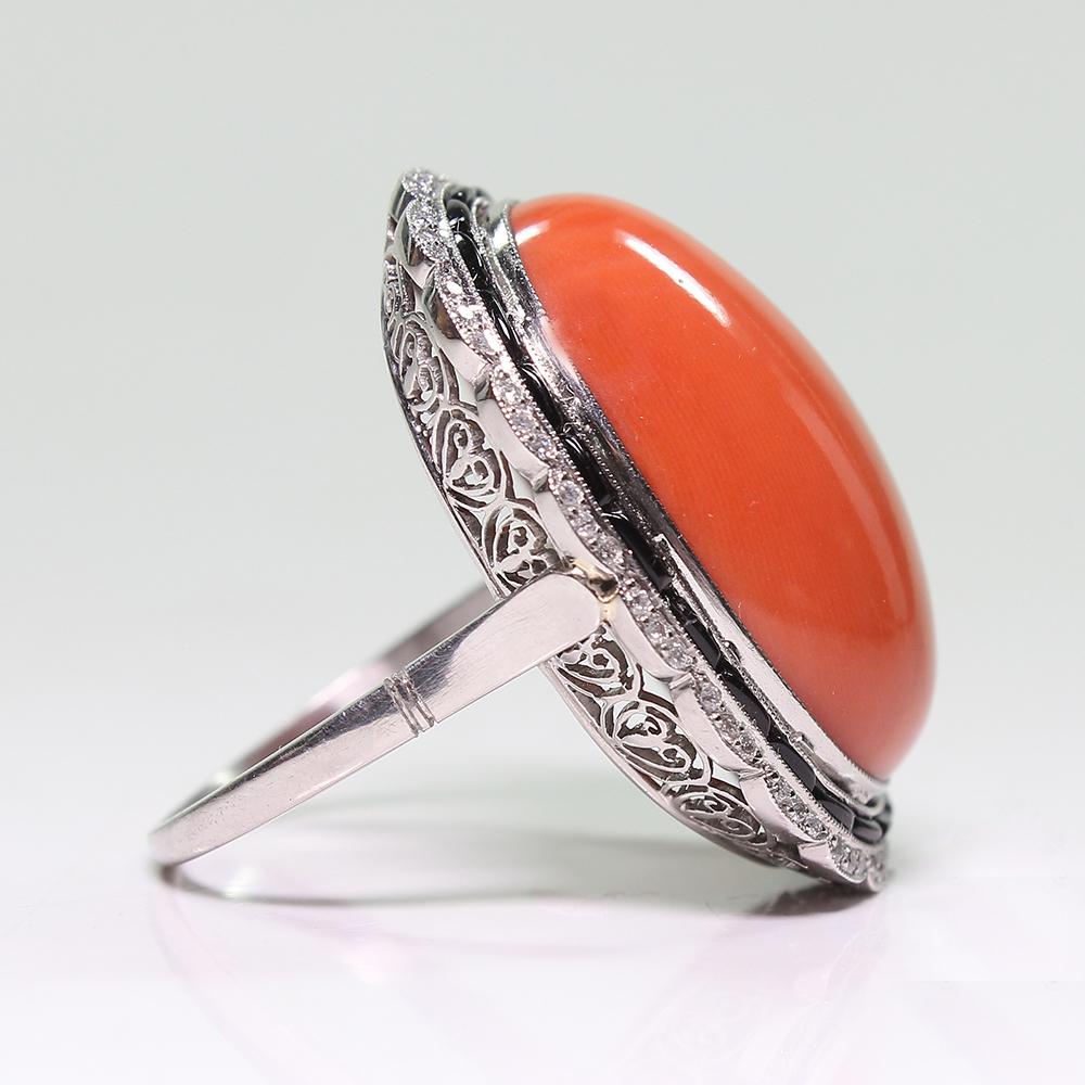 Oval Cut Antique Art Deco Platinum Diamond, Onyx and Coral Ring