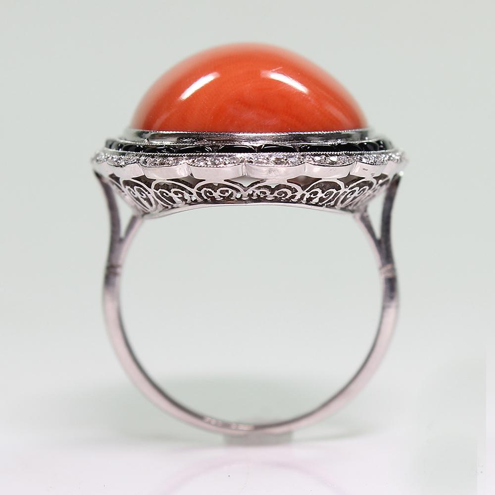 Antique Art Deco Platinum Diamond, Onyx and Coral Ring 1