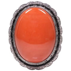 Antique Art Deco Platinum Diamond, Onyx and Coral Ring