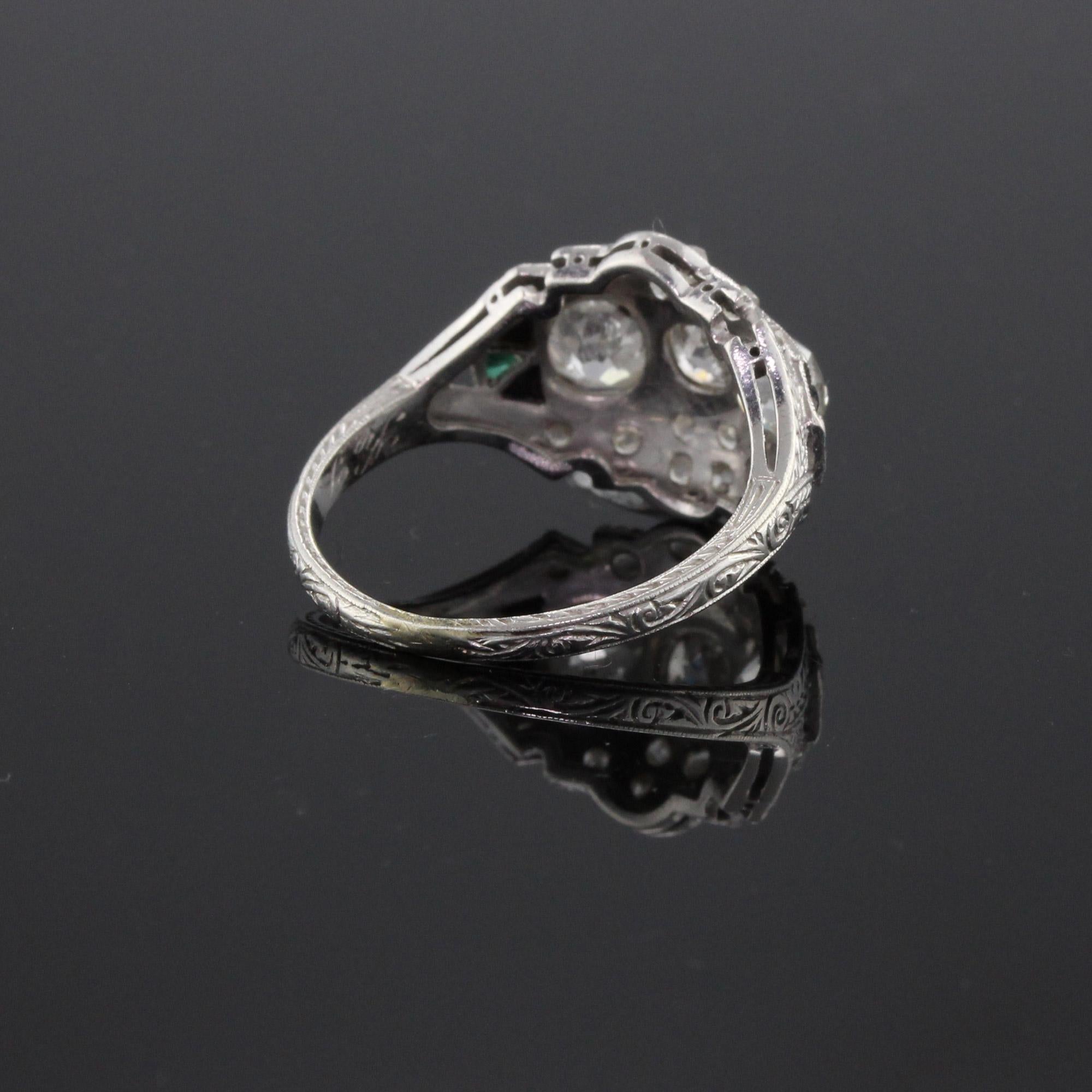 Women's or Men's Antique Art Deco Platinum, Diamond, Onyx and Emerald Three-Stone Engagement Ring