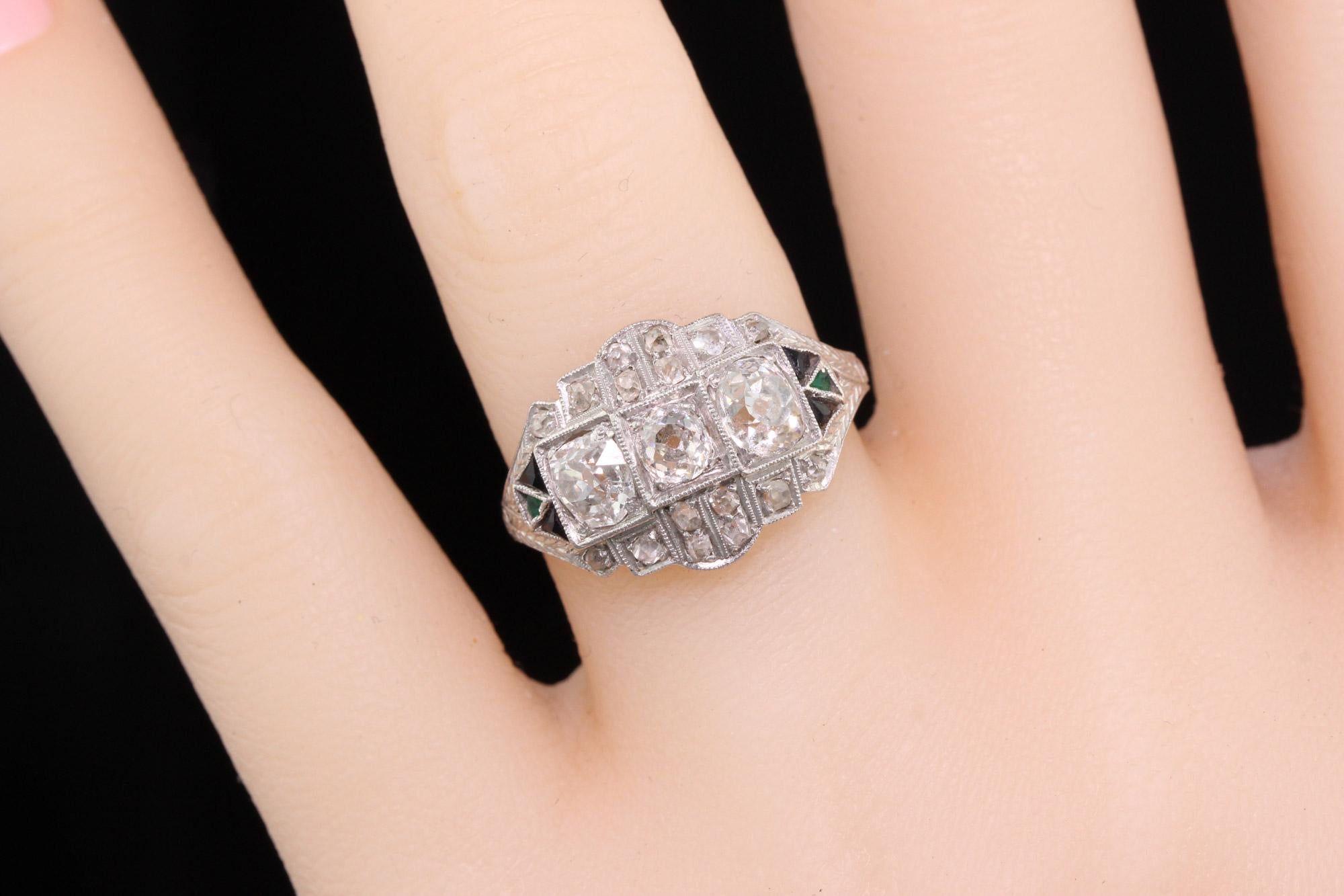Antique Art Deco Platinum, Diamond, Onyx and Emerald Three-Stone Engagement Ring 1