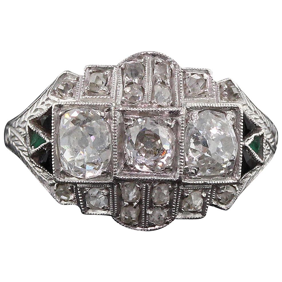 Antique Art Deco Platinum, Diamond, Onyx and Emerald Three-Stone Engagement Ring