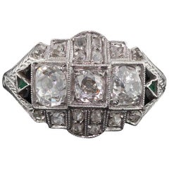 Retro Art Deco Platinum, Diamond, Onyx and Emerald Three-Stone Engagement Ring