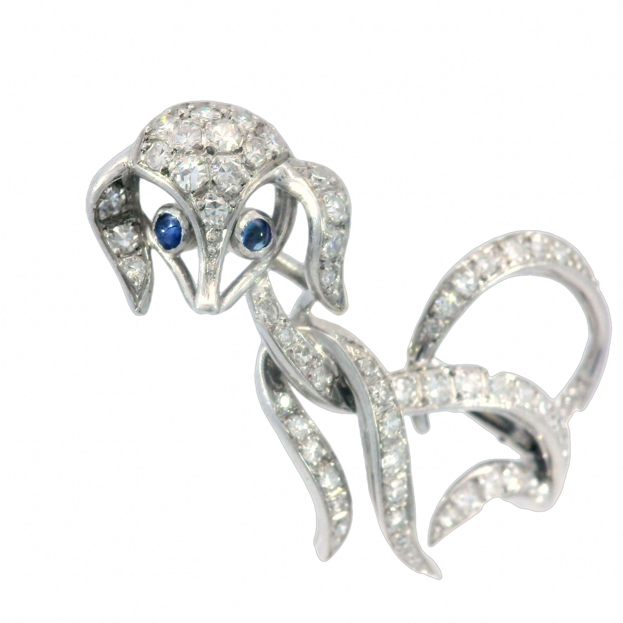 Single Cut Art Deco Diamond Dog Platinum Brooch Pin Poodle With Sapphire Eyes