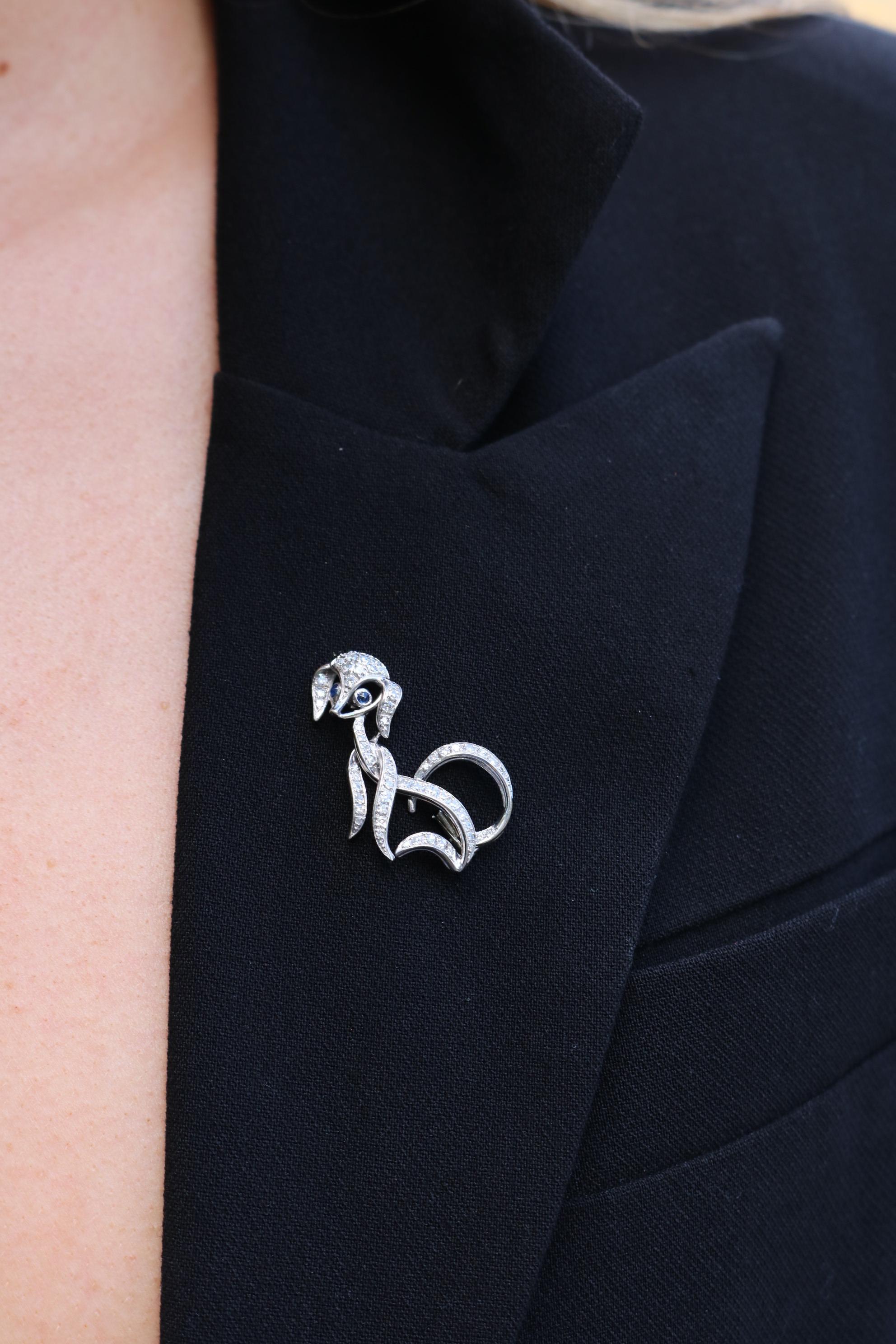 Women's or Men's Art Deco Diamond Dog Platinum Brooch Pin Poodle With Sapphire Eyes