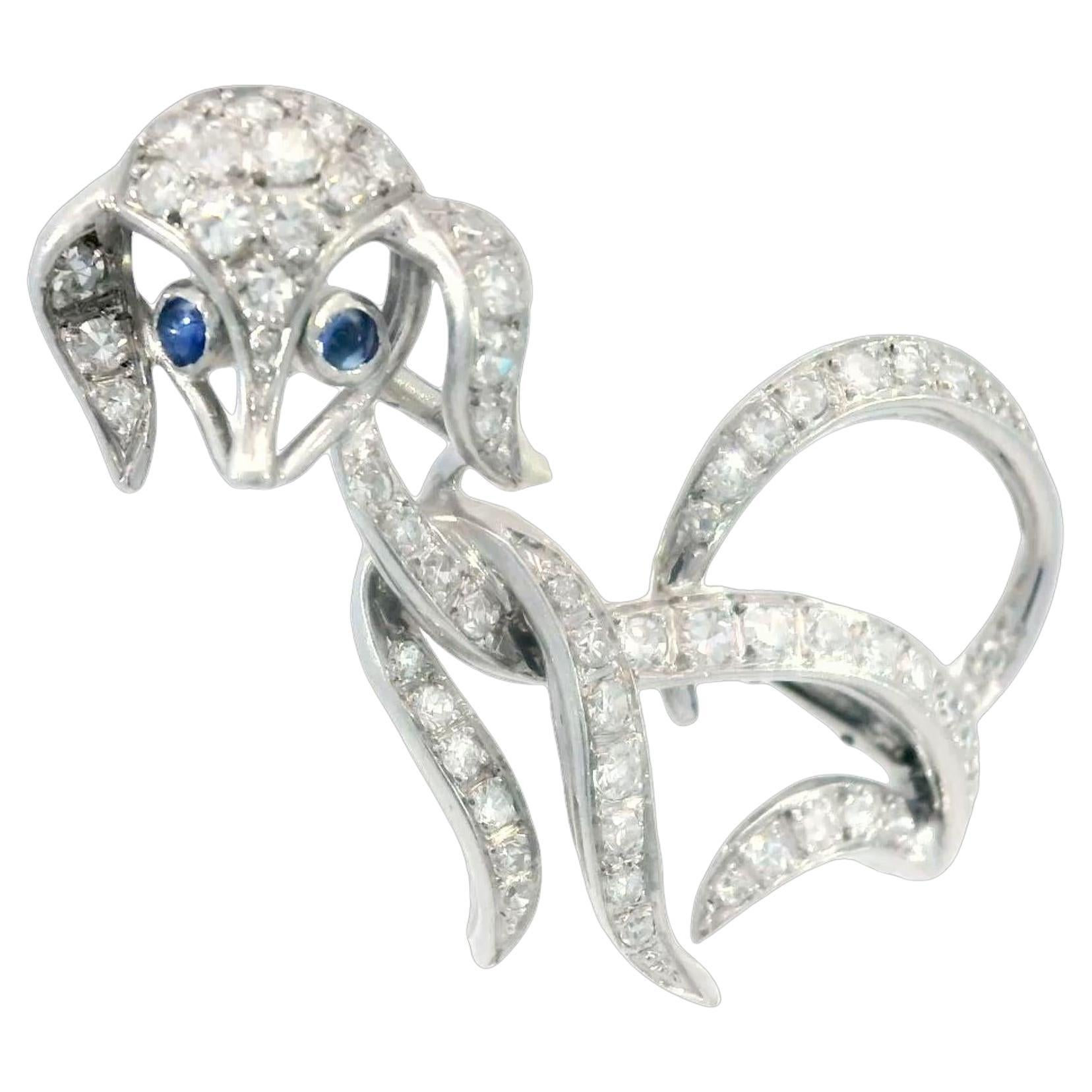 Art Deco Diamond Dog Platinum Brooch Pin Poodle With Sapphire Eyes