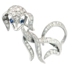 Art Deco Diamond Dog Platinum Brooch Pin Poodle With Sapphire Eyes