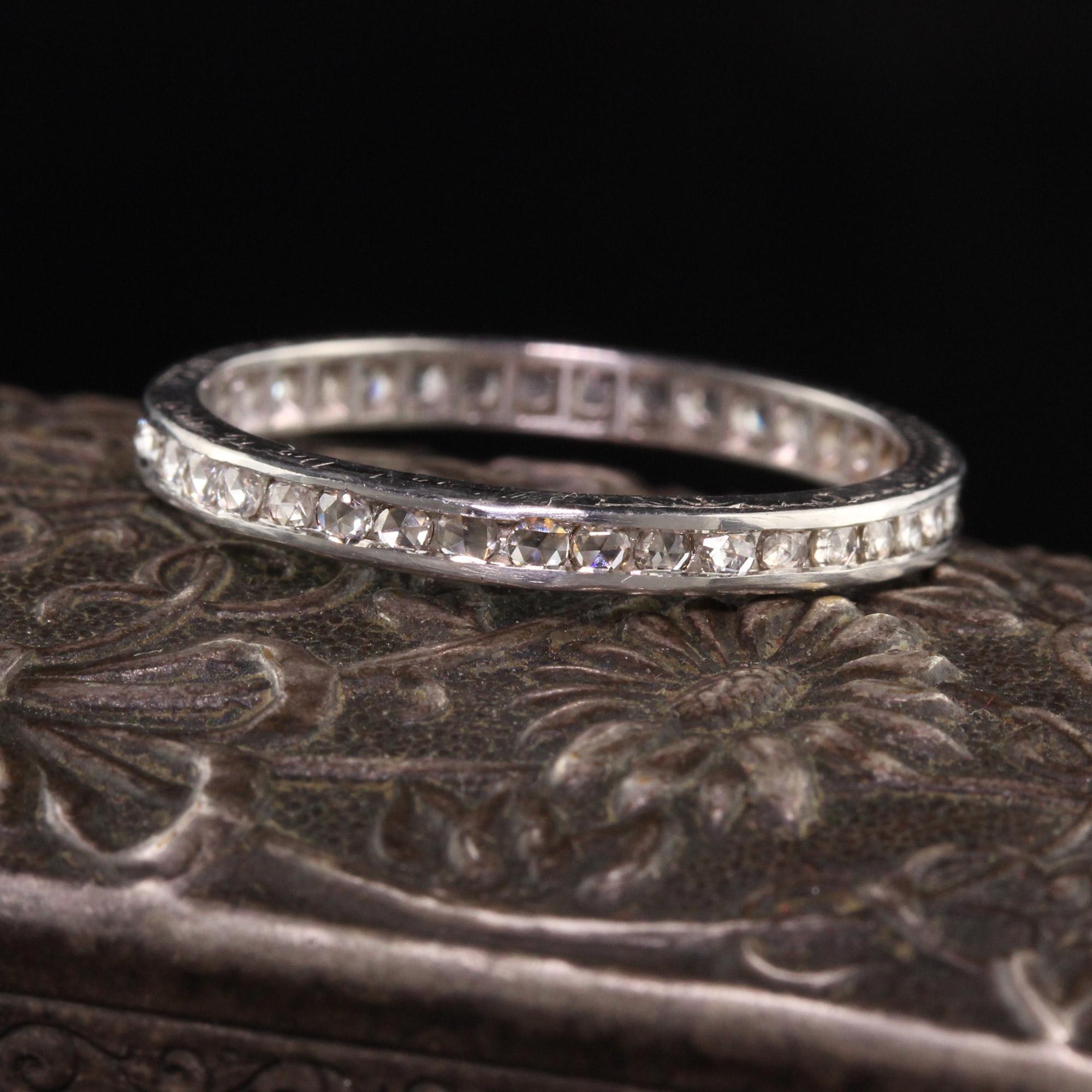Beautiful Antique Art Deco Platinum Diamond Rose Cut Eternity Band. This gorgeous eternity band has rose cut diamonds set in a beautiful art deco eternity band. The band also still has the engravings intact on the sides.

Item #R1013

Metal: