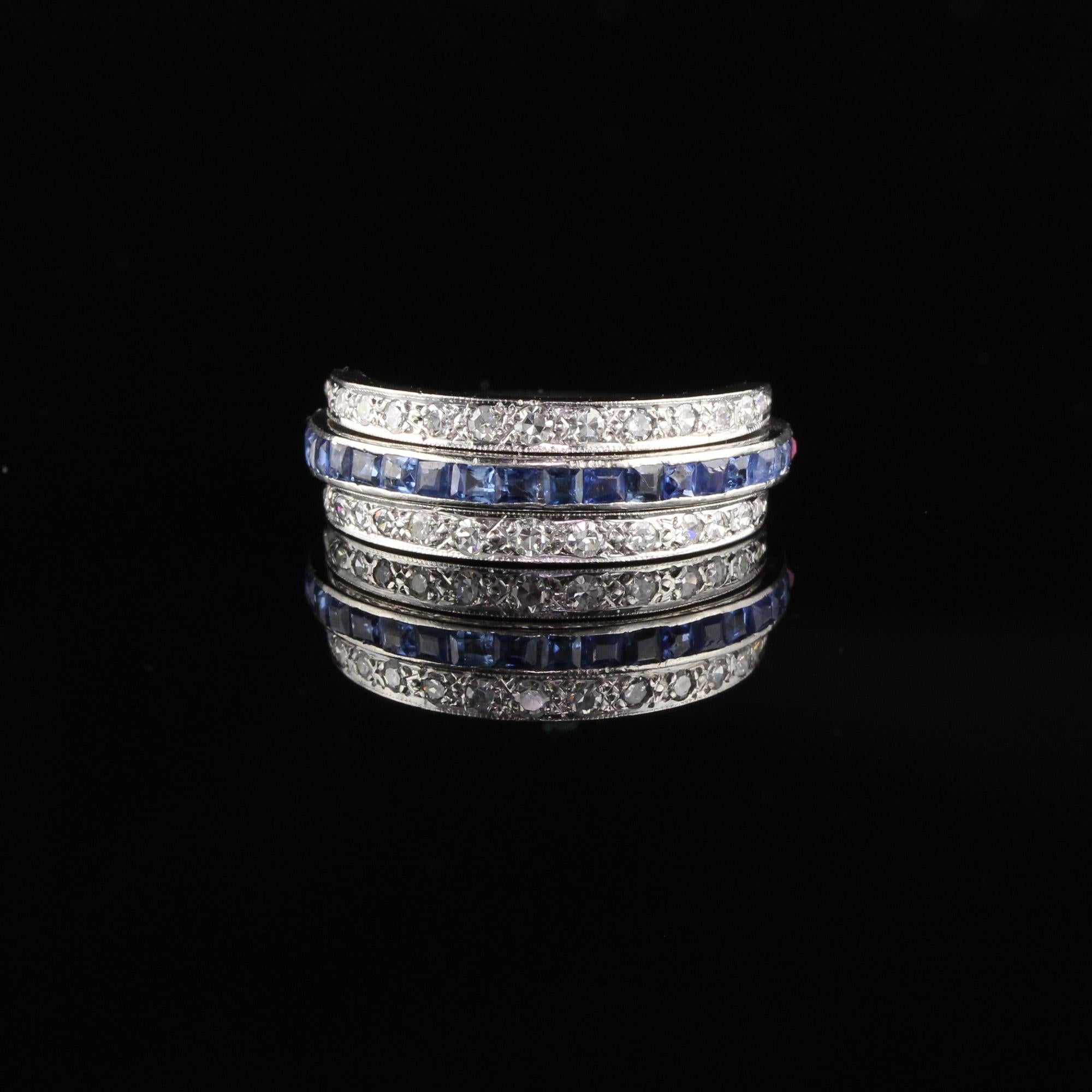 Round Cut Antique Art Deco Platinum Diamond, Ruby and Sapphire Flip Ring