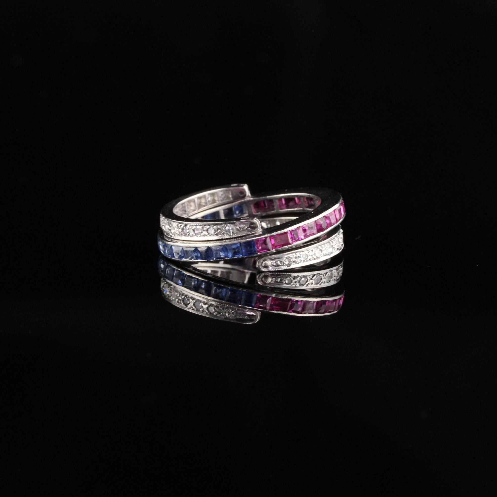 Women's Antique Art Deco Platinum Diamond, Ruby and Sapphire Flip Ring