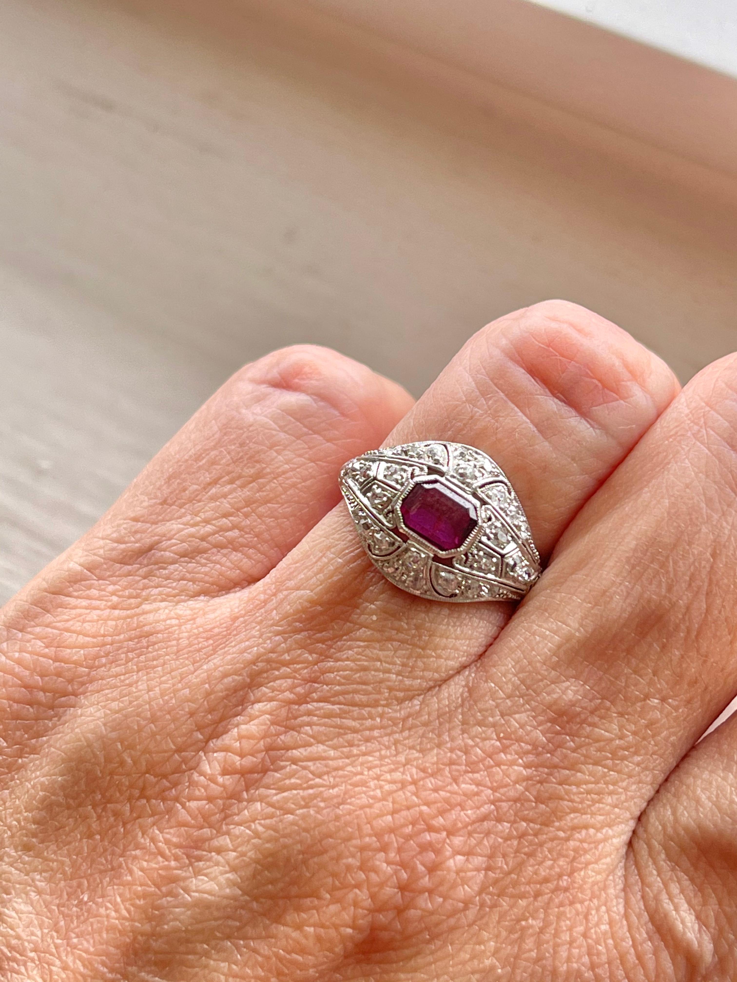 Women's or Men's Antique Art Deco Platinum Diamond Ruby Ring For Sale