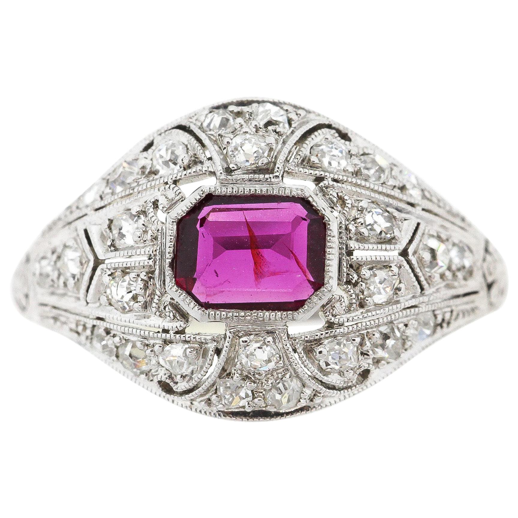 Antique Art Deco Platinum Diamond Ruby Ring For Sale