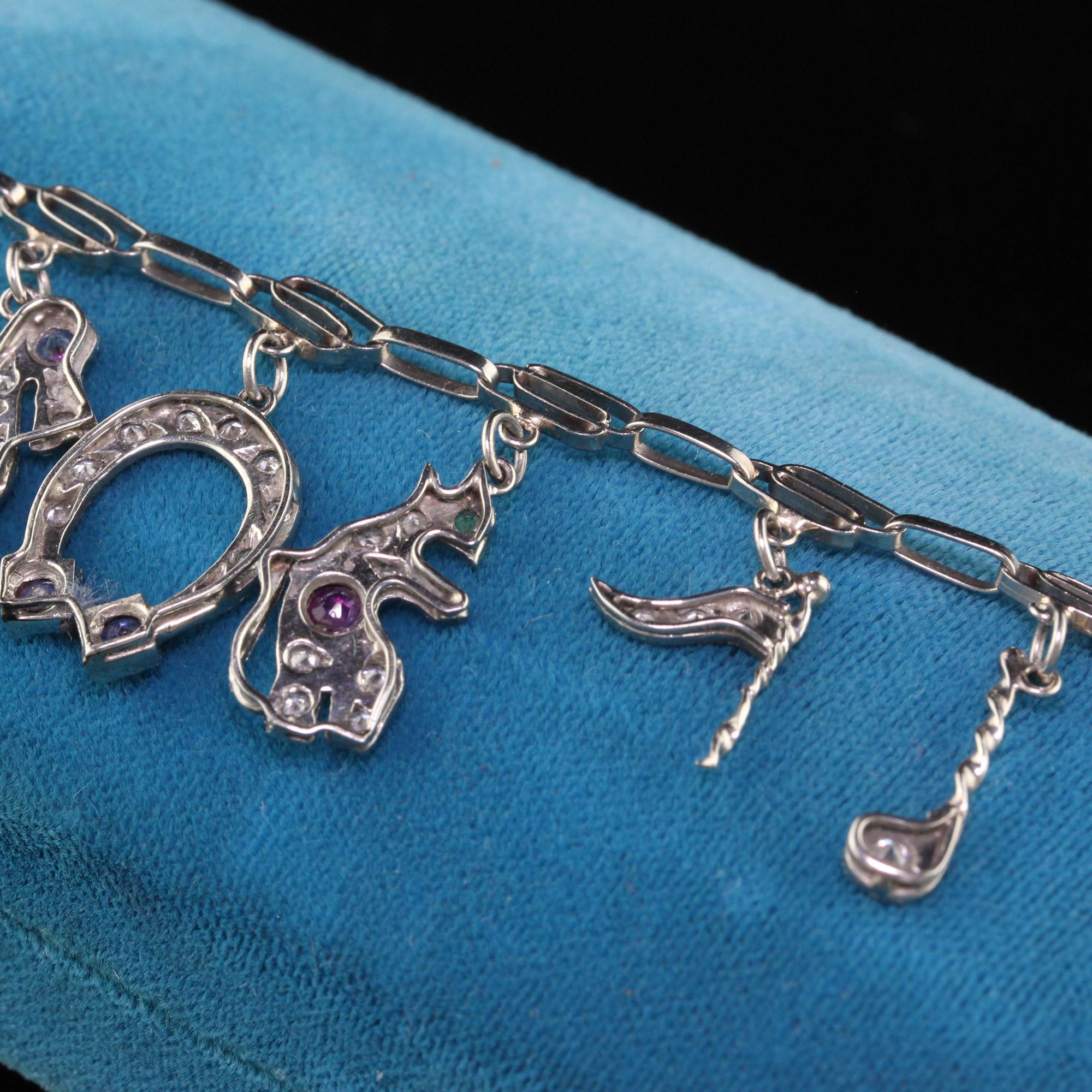Antique Art Deco Platinum Diamond Ruby Sapphire Charm Bracelet 4