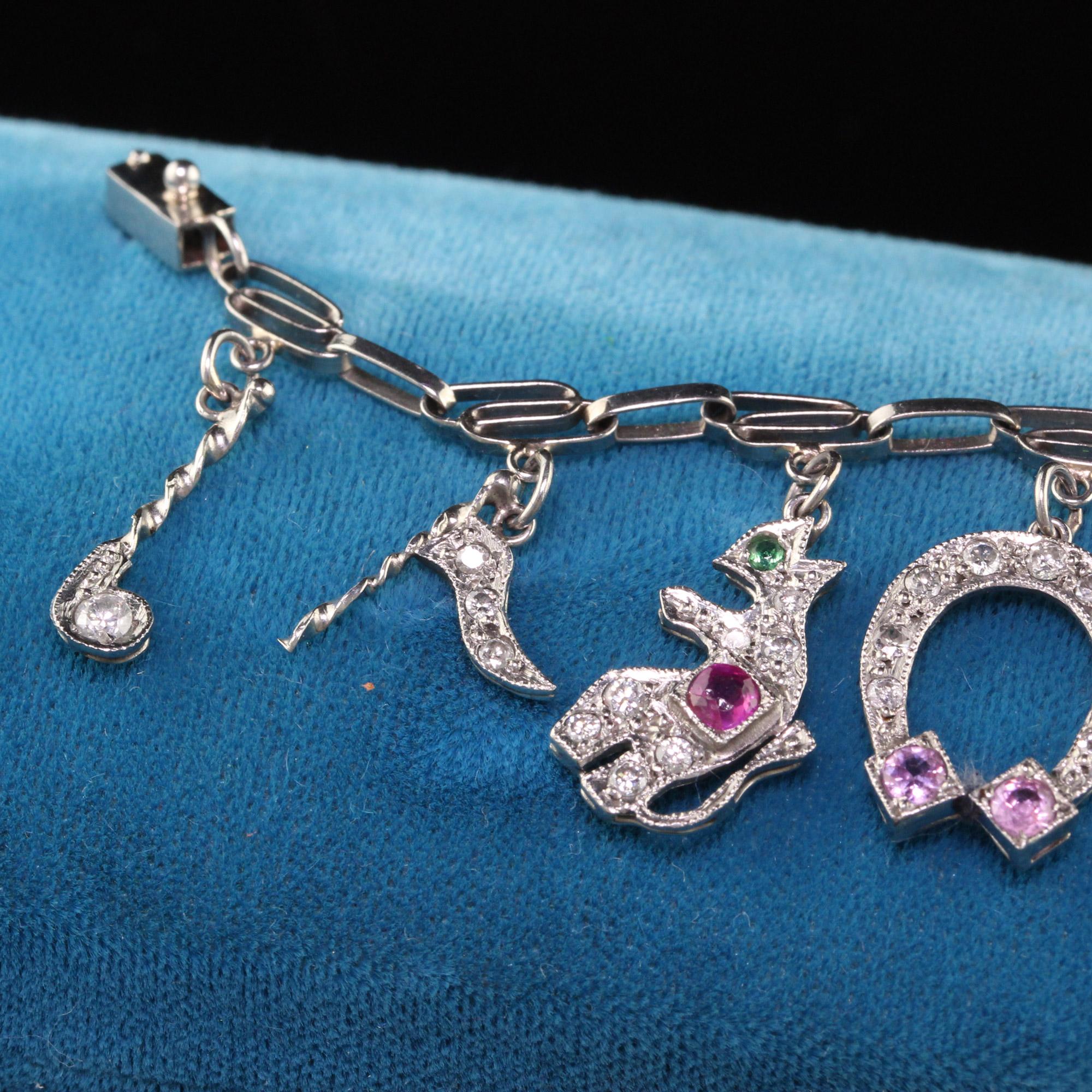 Antique Art Deco Platinum Diamond Ruby Sapphire Charm Bracelet For Sale 1