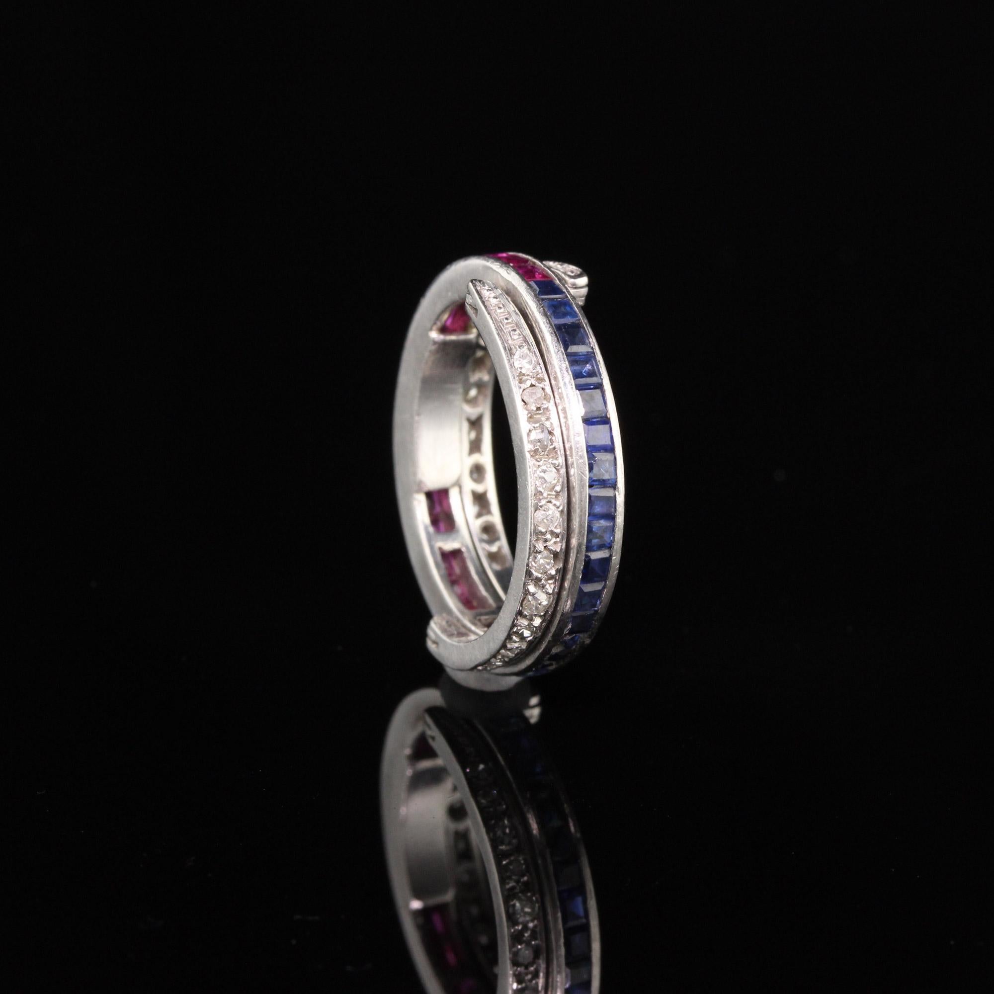 Antique Art Deco Platinum Diamond, Sapphire, and Ruby Flip Ring - Size 6.25 For Sale 2