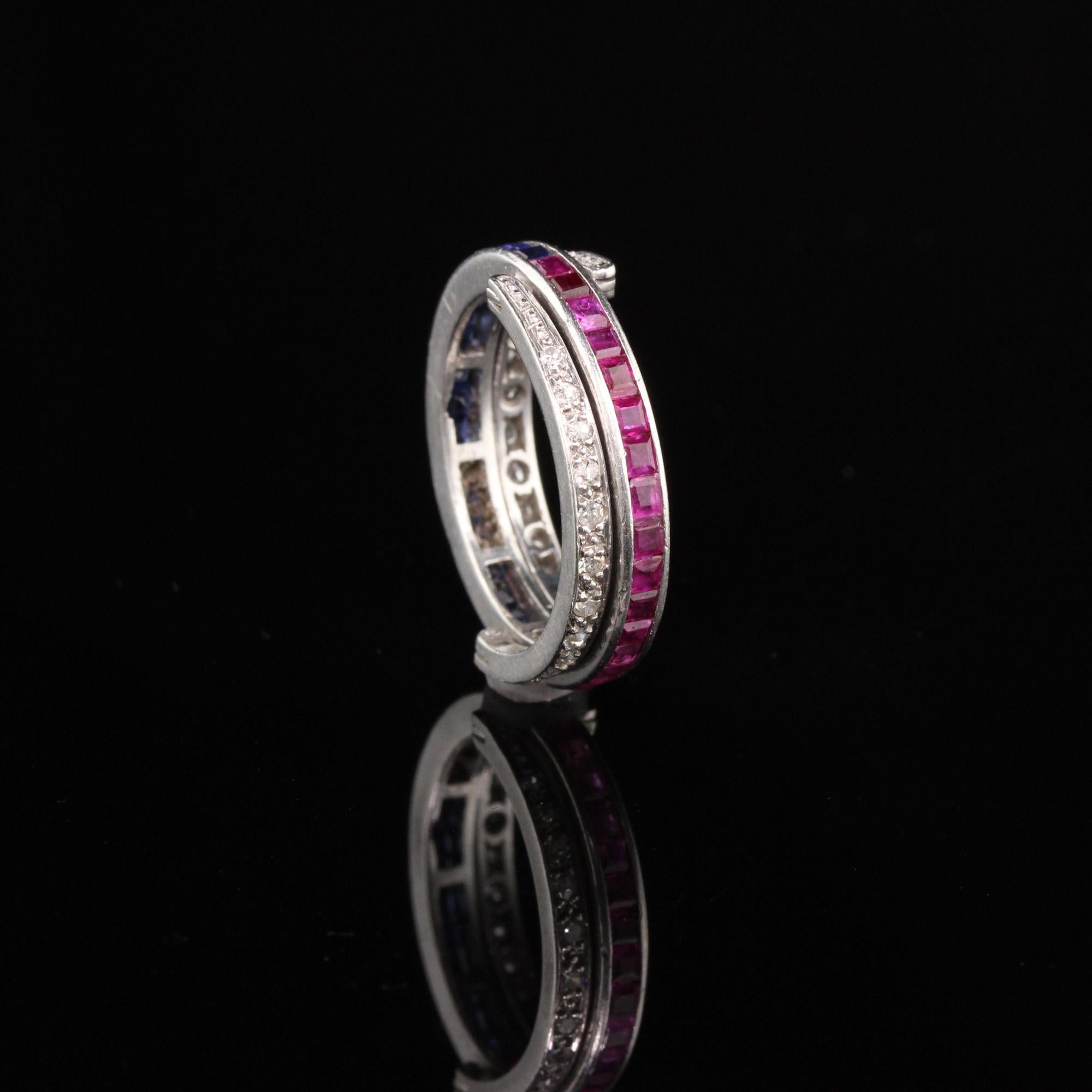 Antique Art Deco Platinum Diamond, Sapphire, and Ruby Flip Ring - Size 6.25 For Sale 1